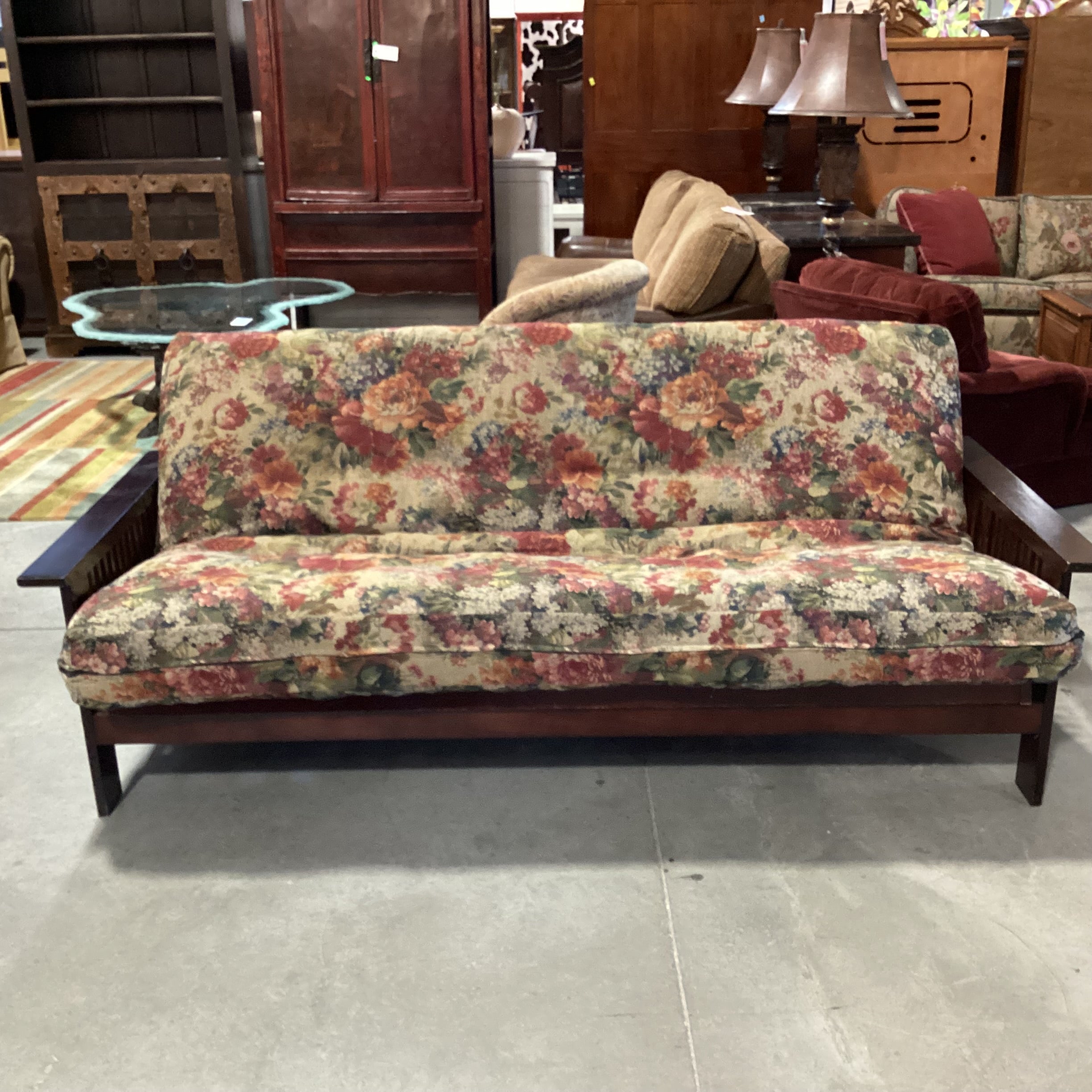 Dark Wood Frame & Red Green Floral Cushion Futon Sofa 81"x 46" to 55"x 33"