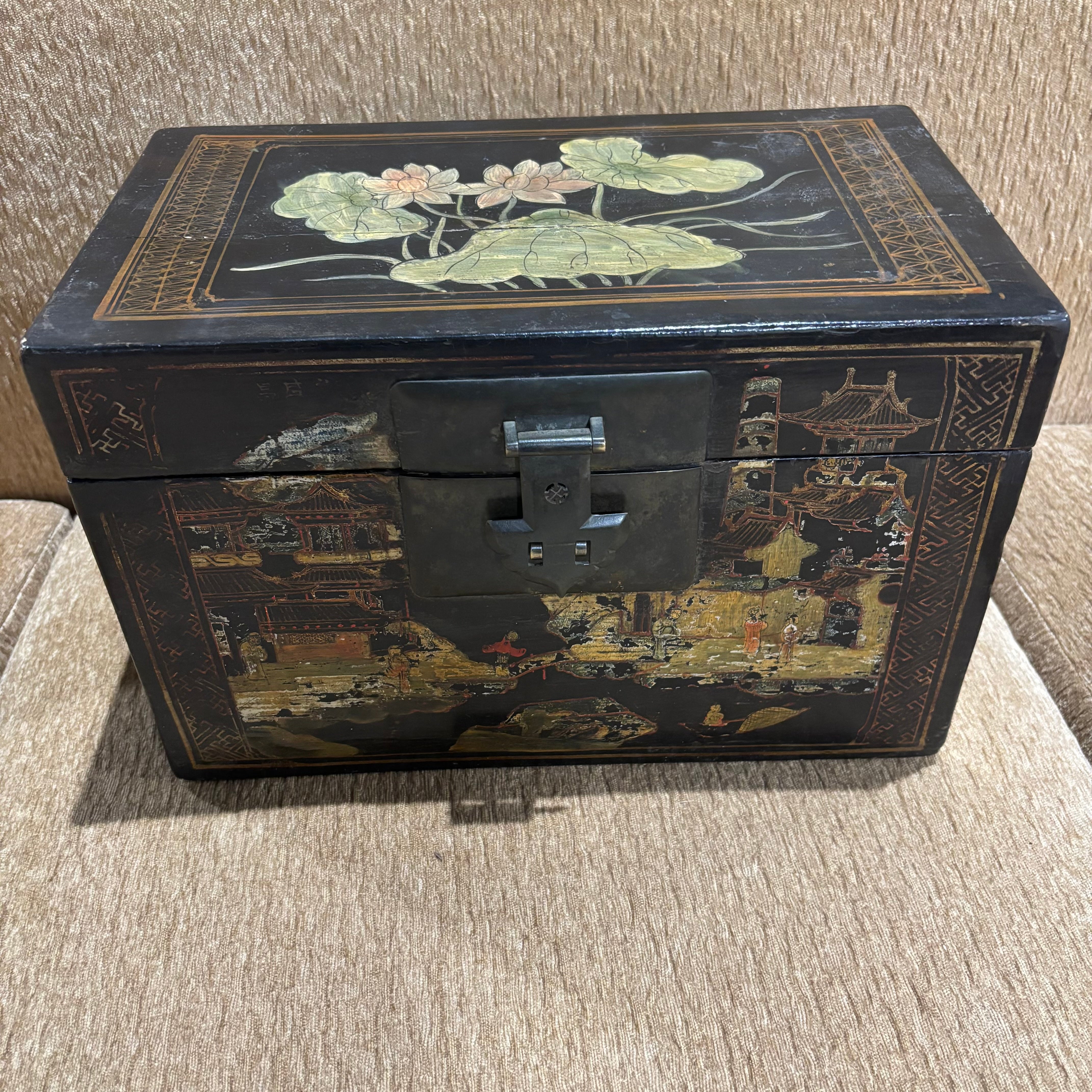 Antique Chinese Black Lacquer Handpainted Lotus Flowers Keepsake Chest