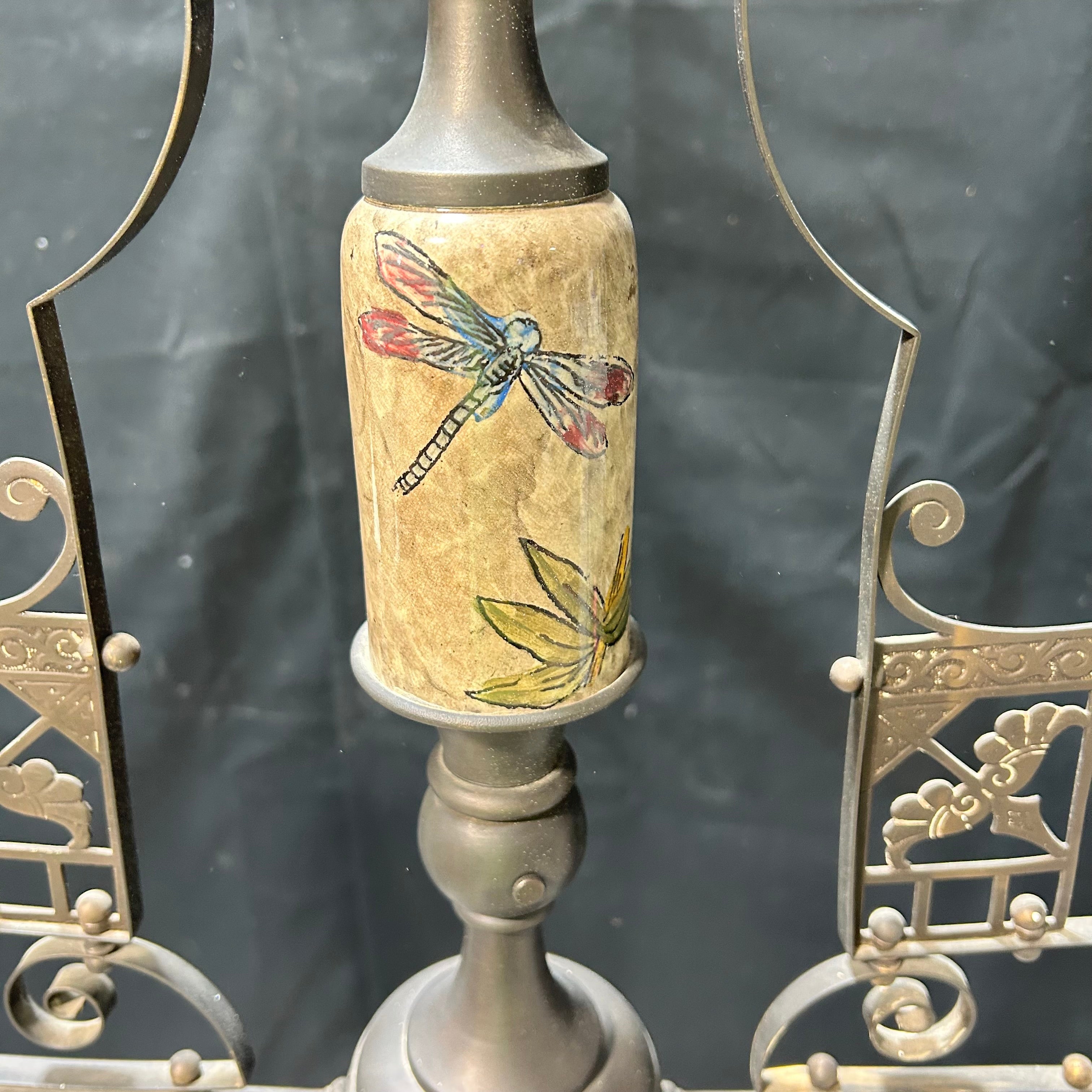 Early Circa 1900 2 Light East Lake Detailing With Ceramic Painted Dragonfly etched Glass 40"x 28"