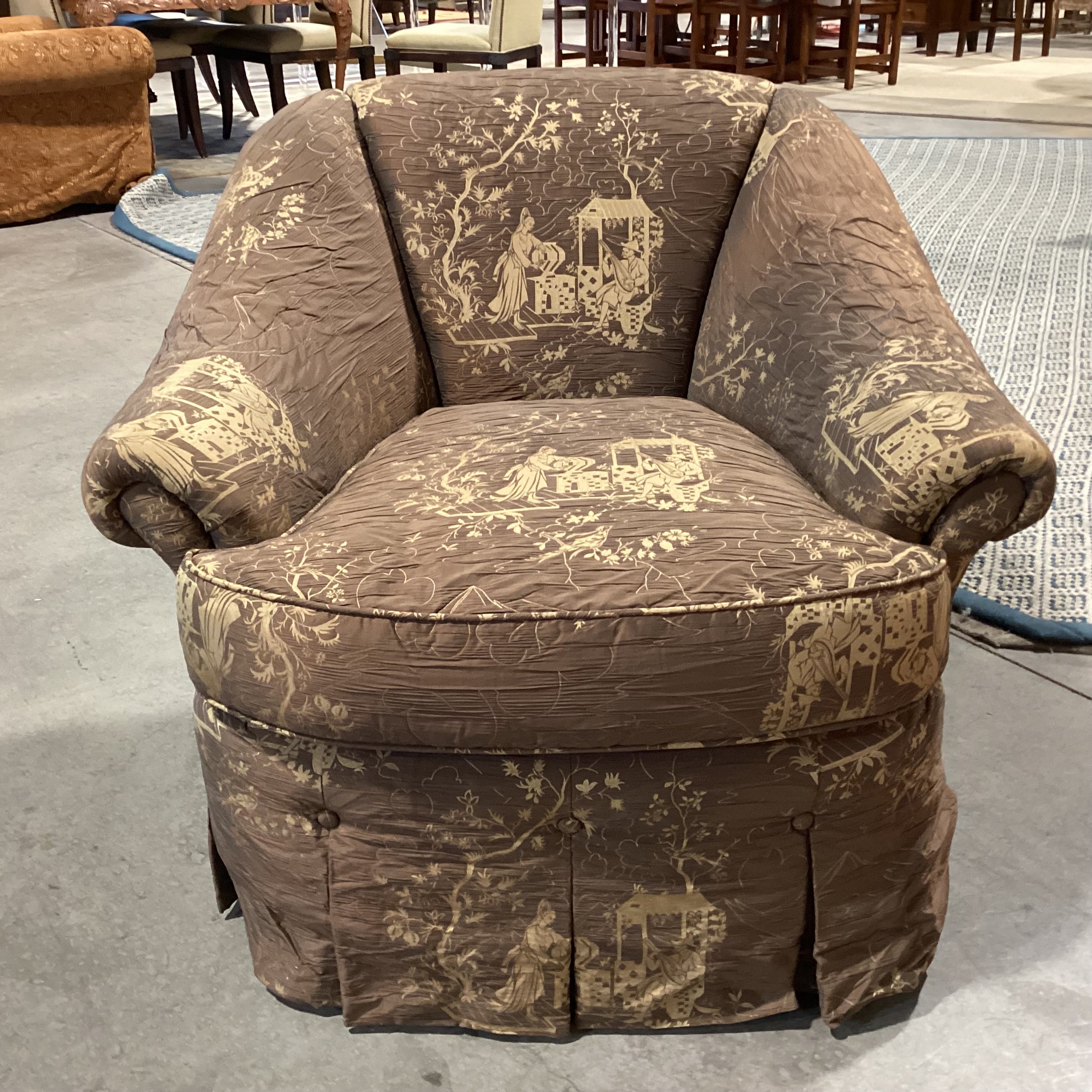 JJ Custom Brown Gold Asian Scene Silky Crinkle Upholstery Tailored Button Skirt Chair 35"x 36"x 32"
