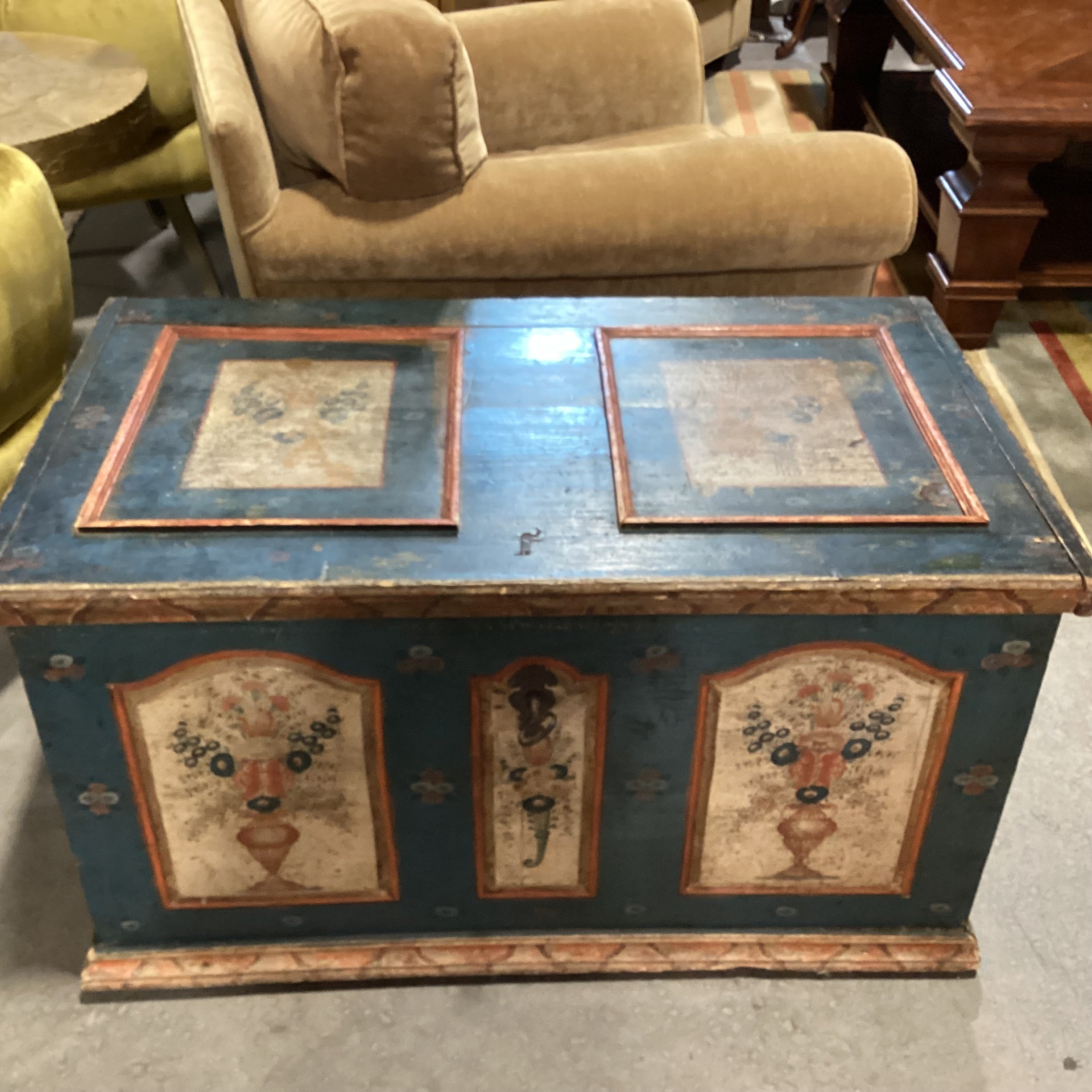 Antique Carved Wood with Hand Painted Floral Panels Trunk 42"x 25"x 23.5"