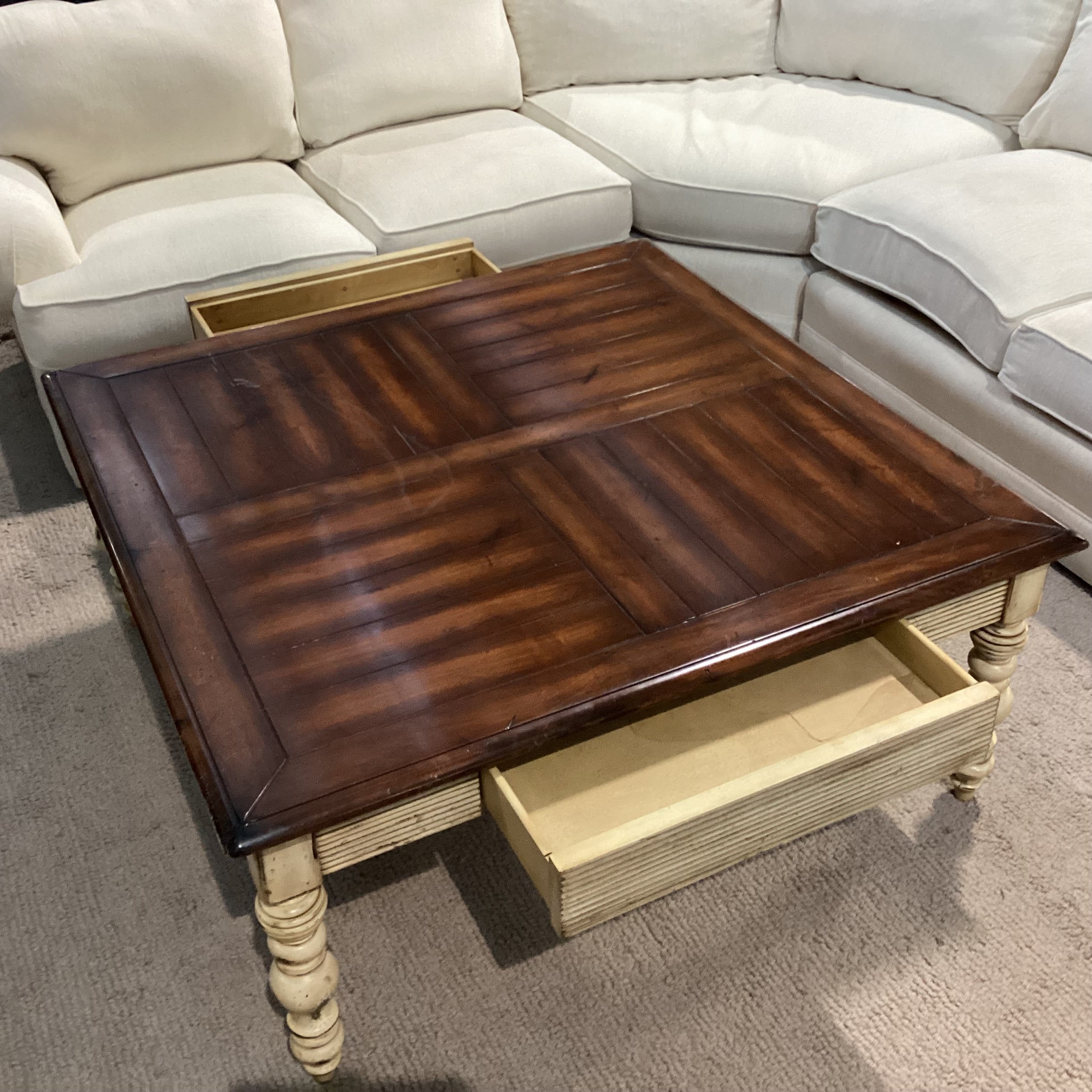 Antiqued Cream & Dark Finished Carved Wood 2 Drawer Coffee Table 48"x 48"x 21"