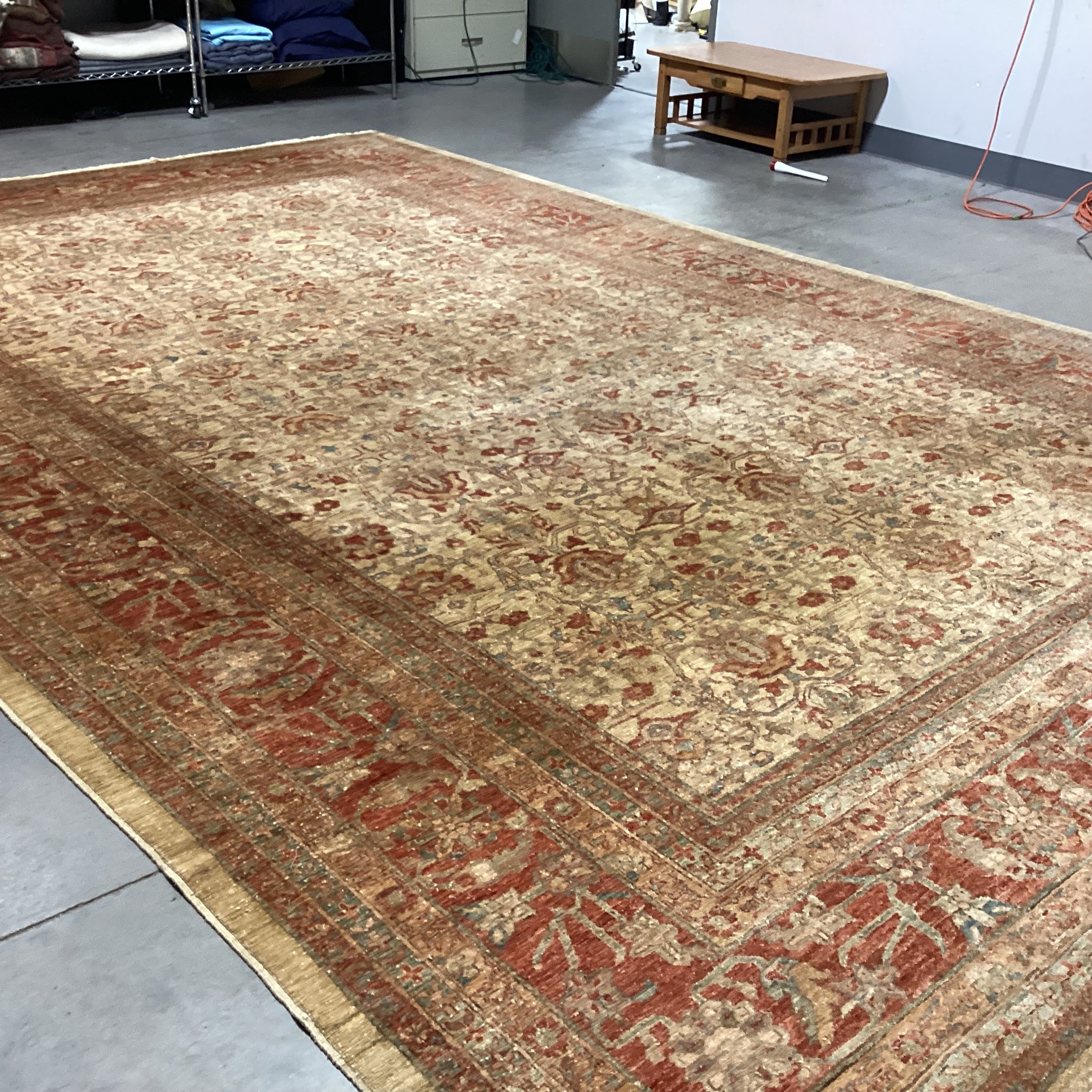 Golden Tan Rust & Blue Hand Woven Wool Rug 12'x 18'