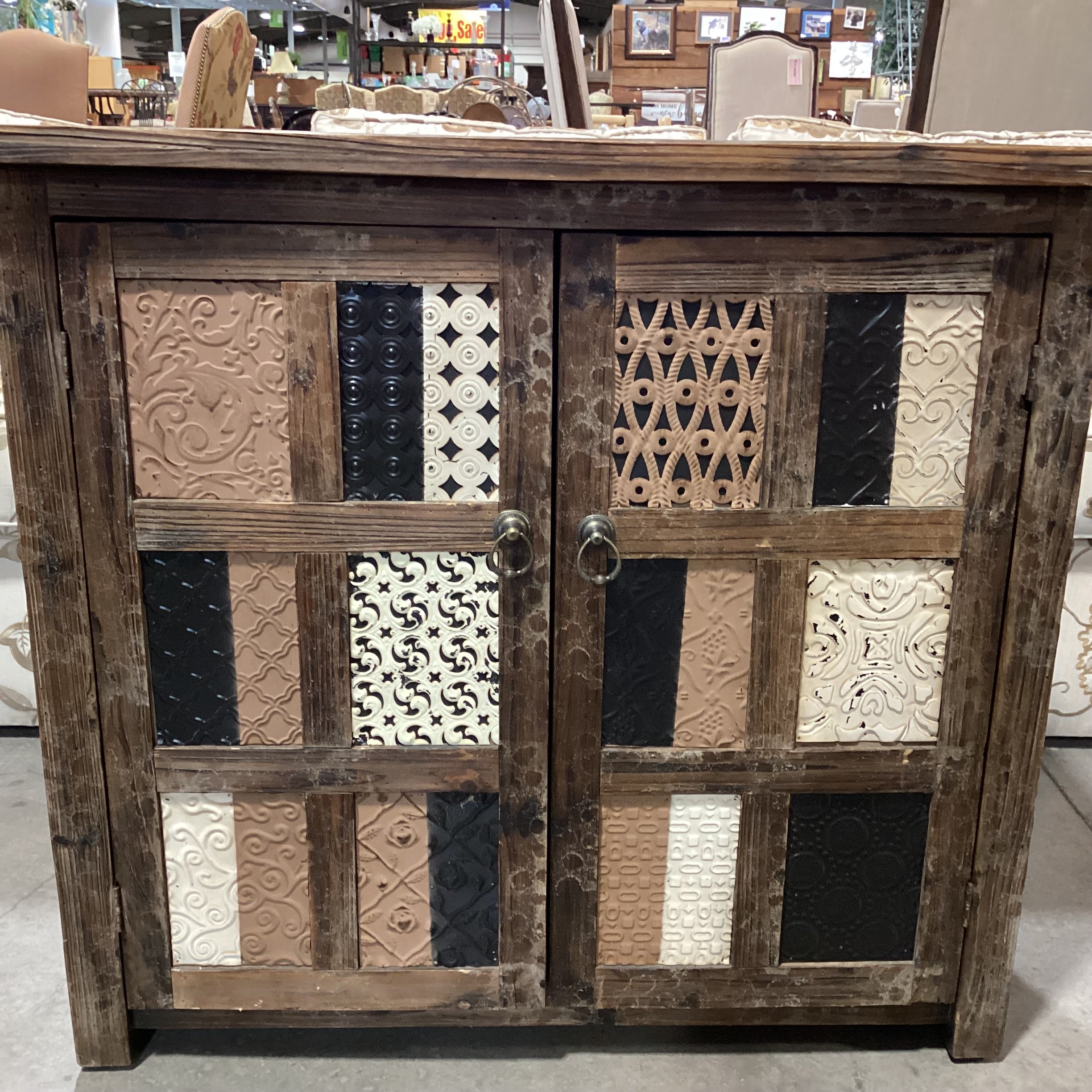 Rustic Distressed Wood & Tin Design Panes 2 Door Cabinet Console 36"x 15"x 32.5"