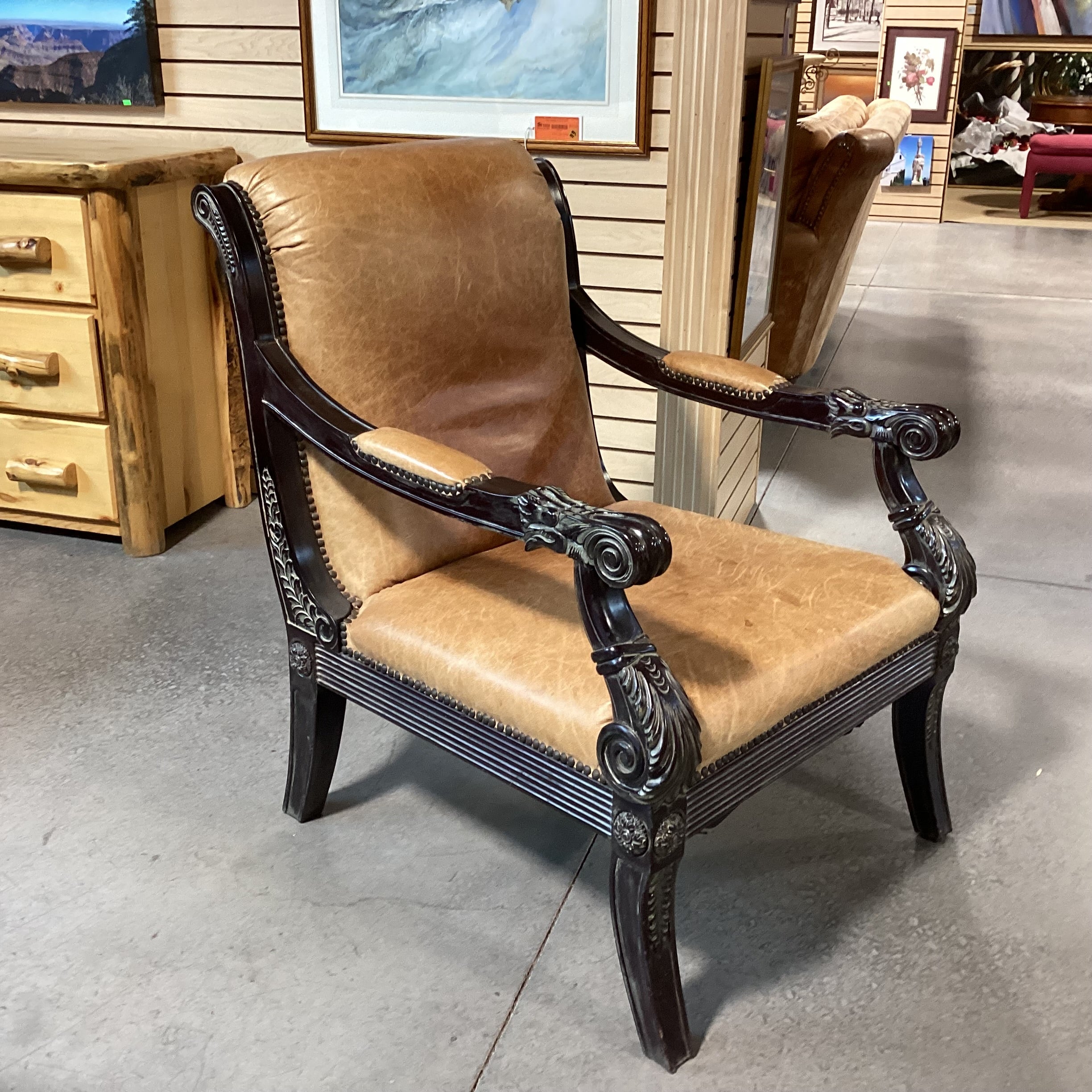 Ornate Dark Finish Carved Wood & Leather Chair 29"x 34"x 39"