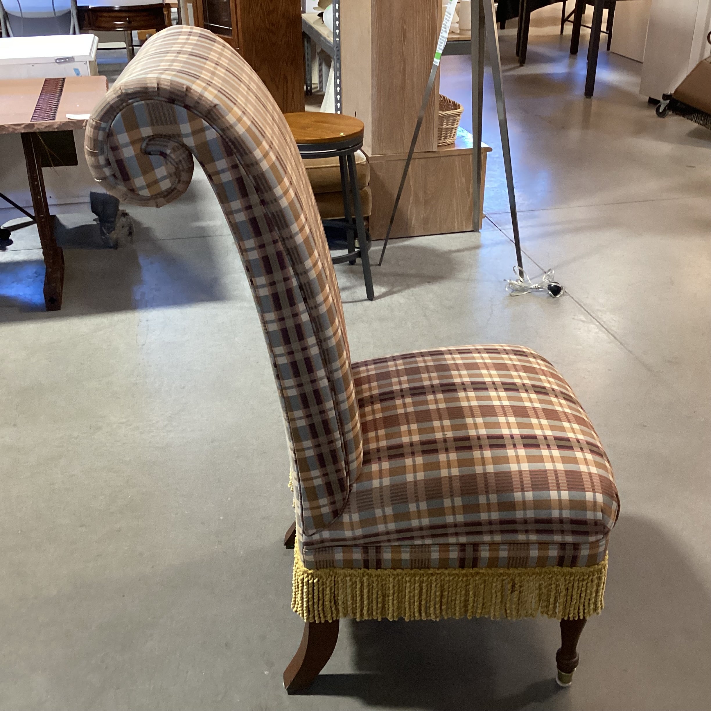 Custom Burgundy Gold Plaid & Fringe Roll Back Chair 20"x 32"x 46"