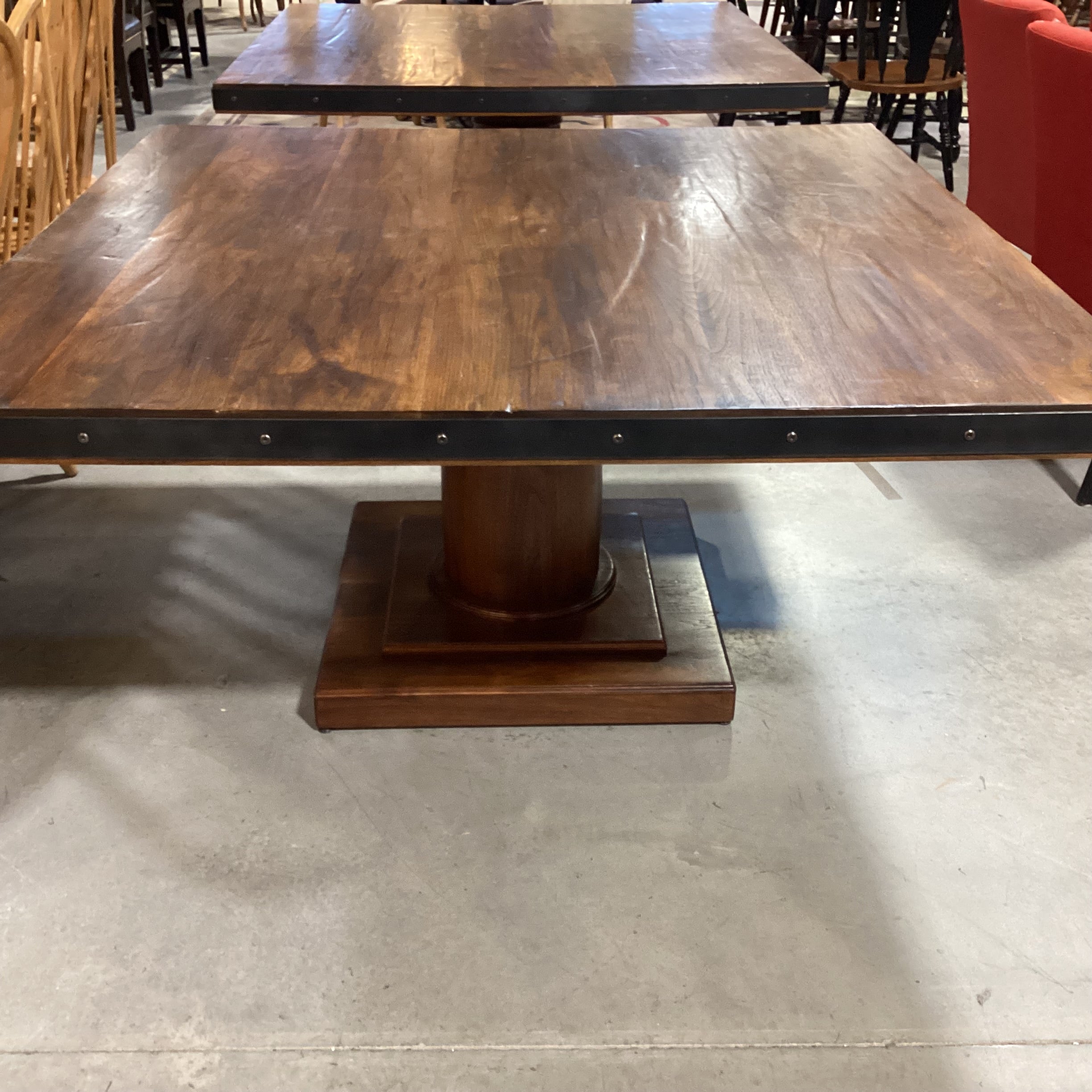 Custom Square Walnut with Pedestal & Iron Nailhead Edge Detail Dining Table 60"x 60"x 30.5"