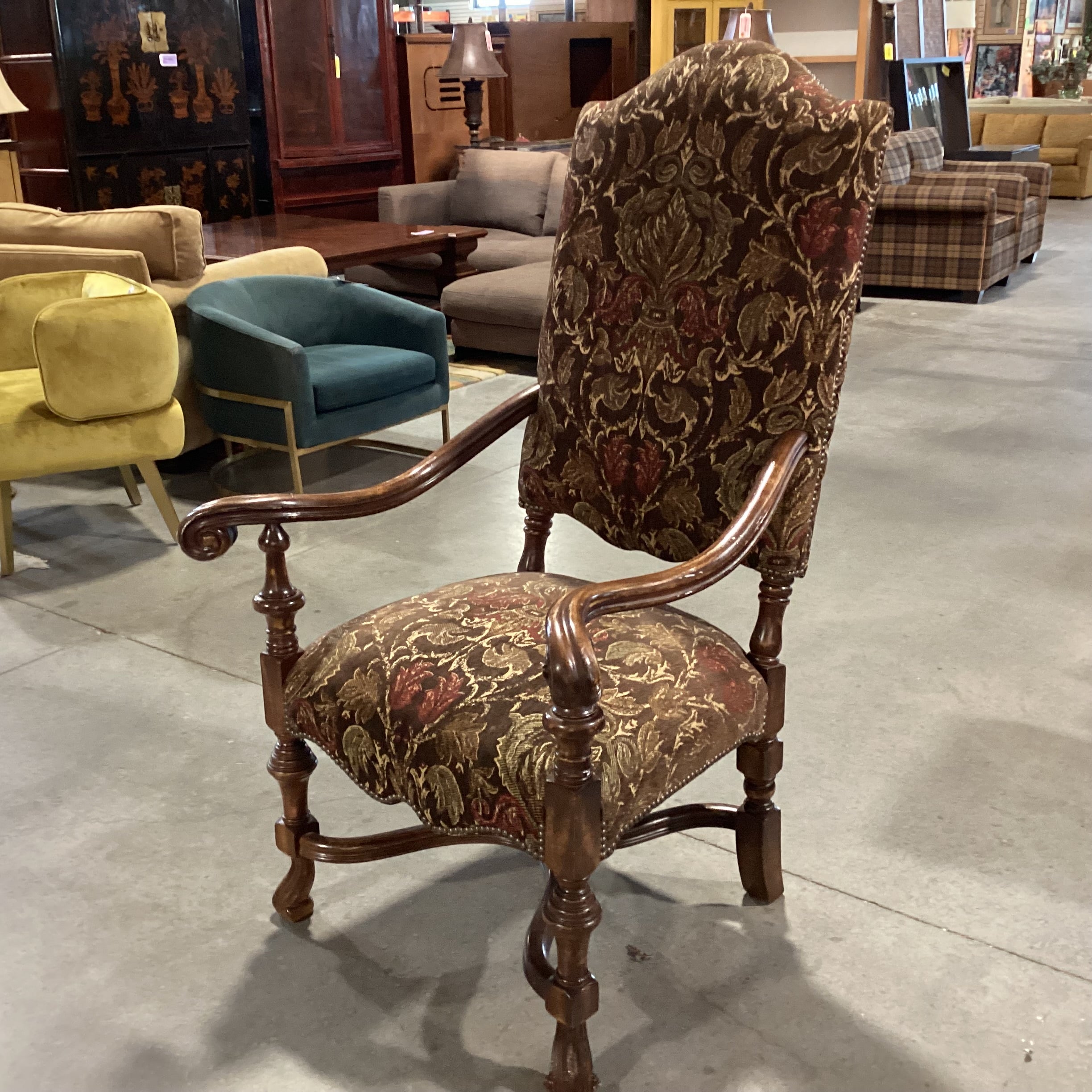 Wesley Hall Ornate Carved Wood & Brown Gold Floral Chair 33"x 33"x 53"