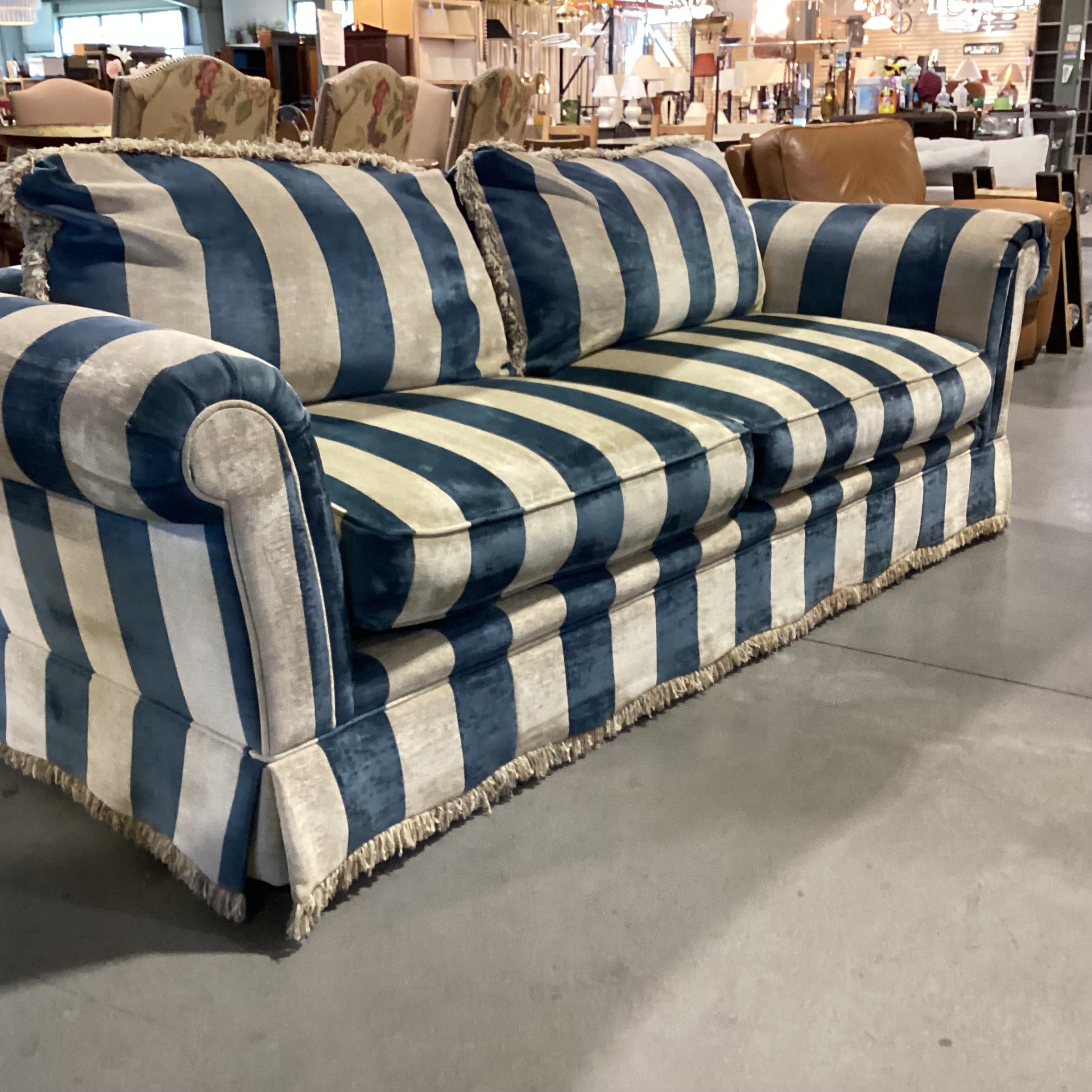 Custom Wedgewood Blue & Beige Velvet with Fringe Down Mix Sofa 96"x 44"x 30"