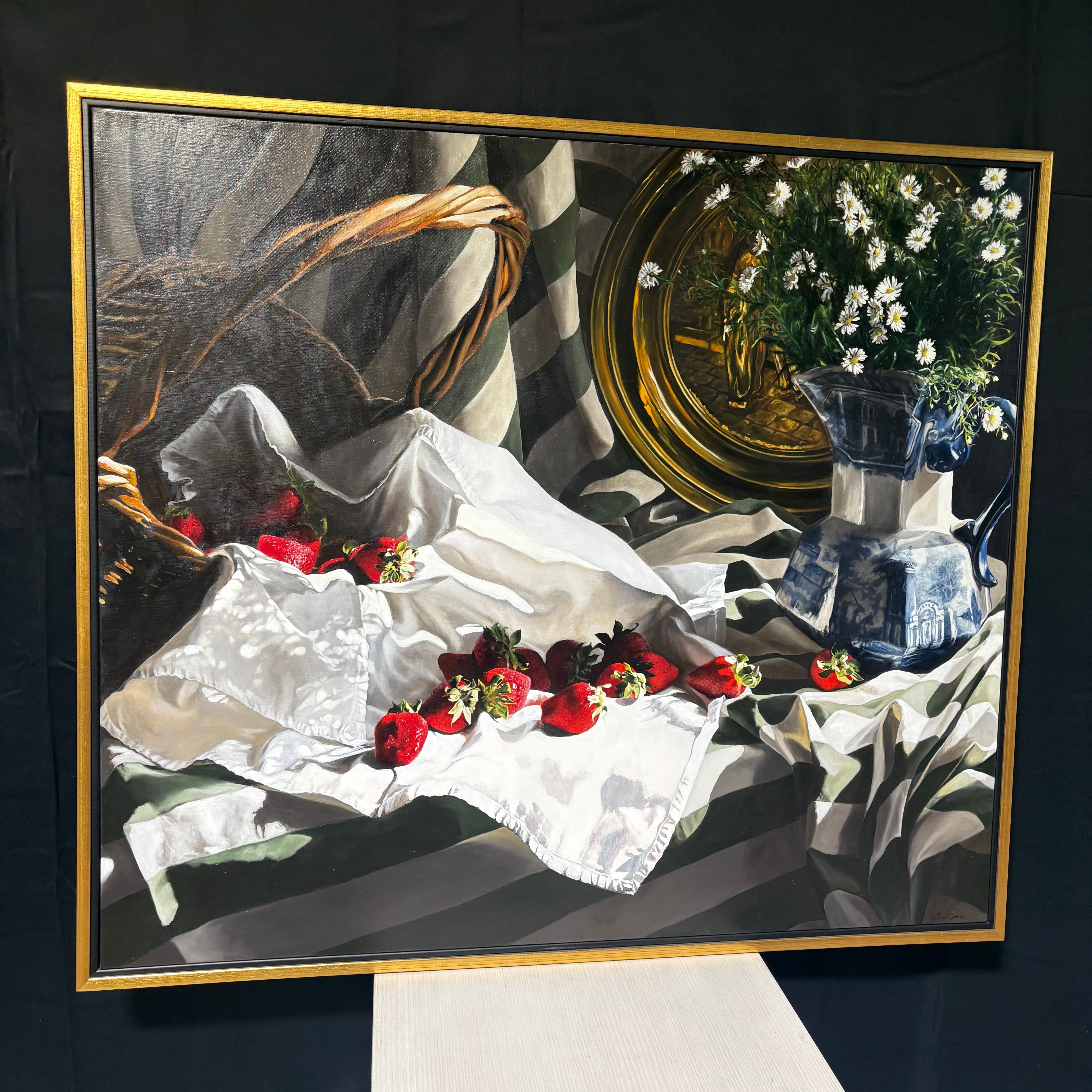Cora Ogden Strawberries and Cream Original Oil on Canvas Signed Framed Wall Decor 42” x 48”