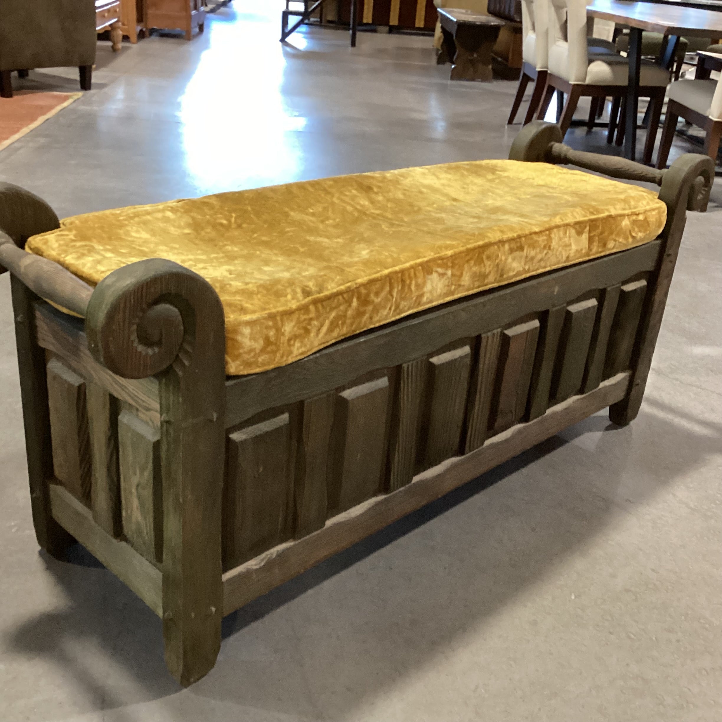 Vintage Green Washed Carved Oak & Gold Crushed Velvet Cushion Storage Bench 56"x 16.5"x 24"