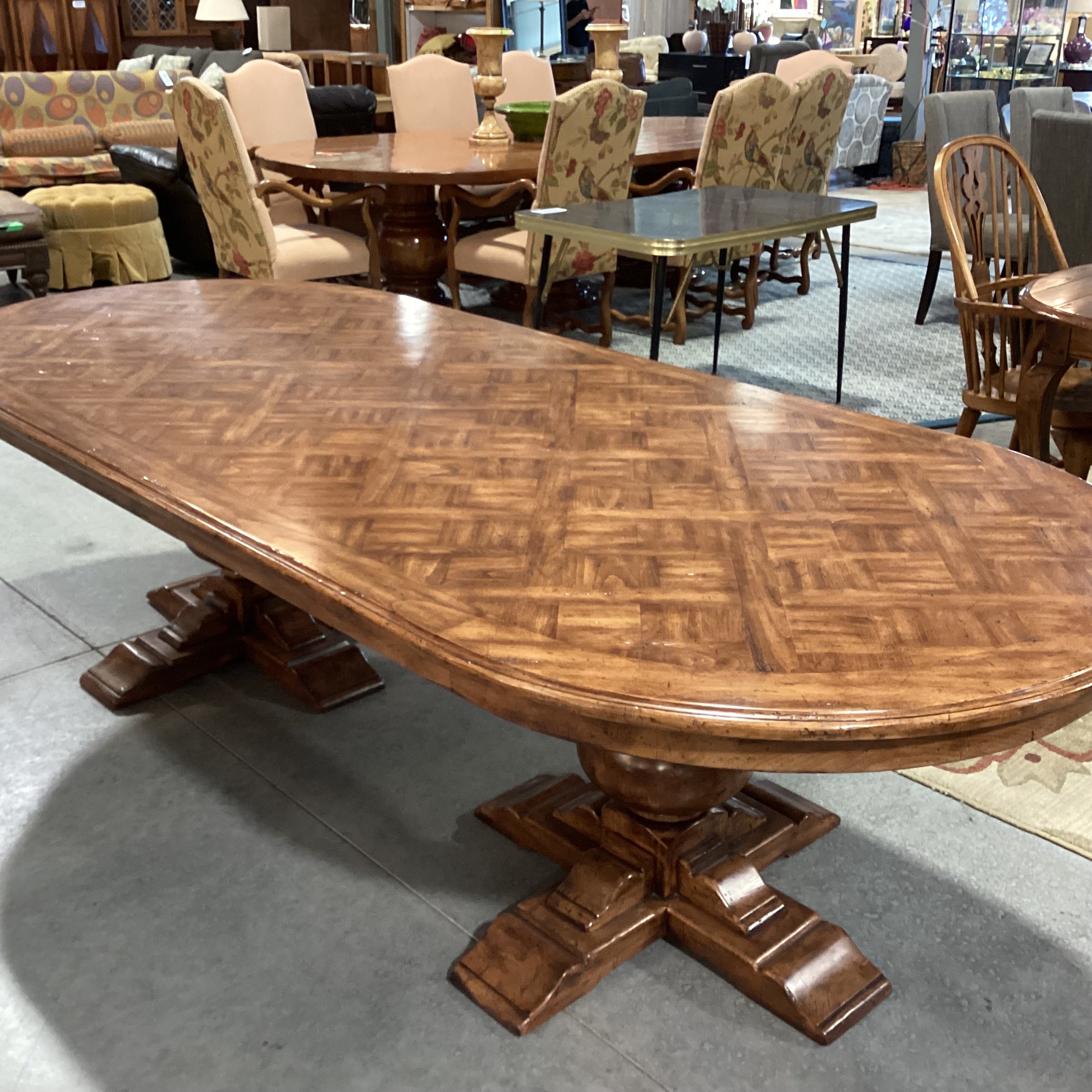 Oval Lattice Inlay with Double Pedestal Dining Table 108"x 46"x 30"
