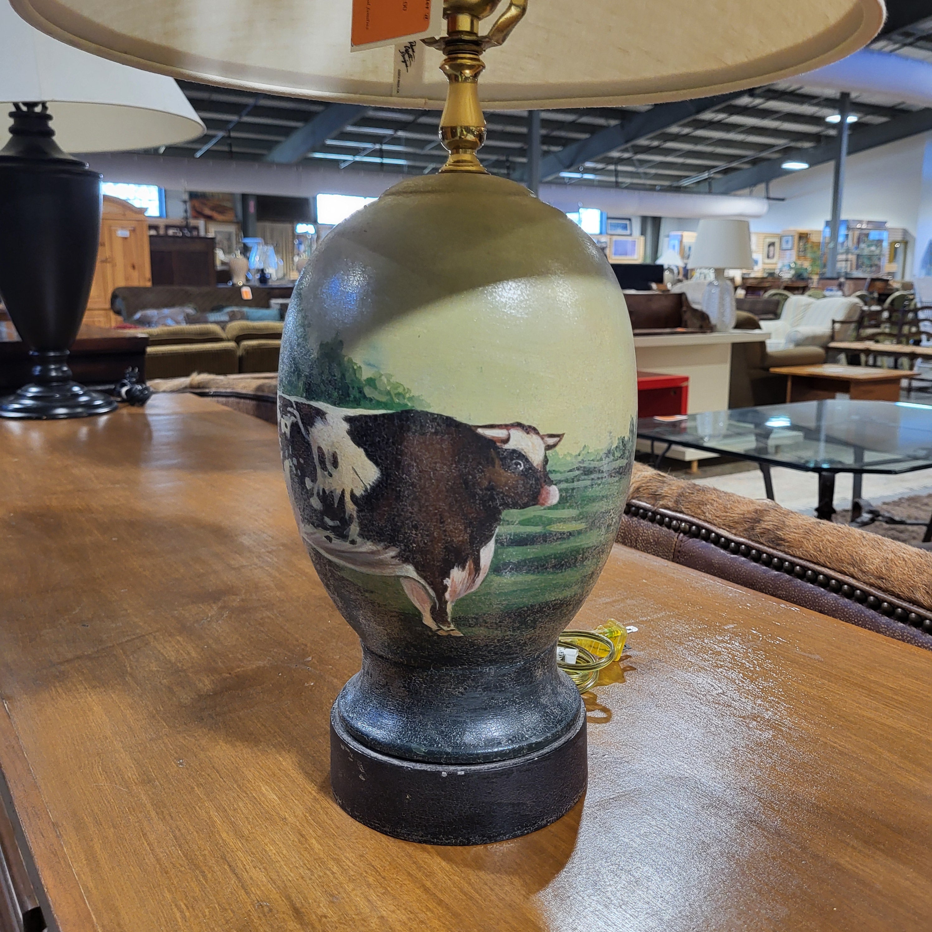 Painted Ceramic Cow Table Lamp 14" Diameter @ Shade x 23"