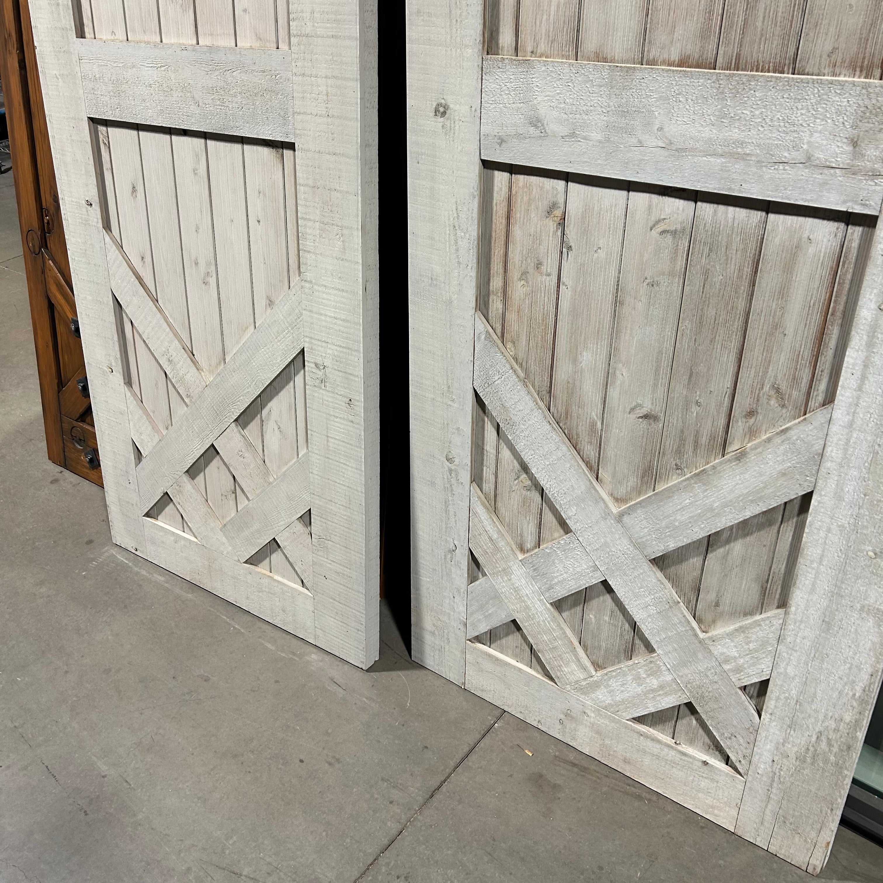 36"x 95.5"x 2" Grey Wash Barn Door PAIR with Kris/Cross Decor and Antique Trolley Hardware