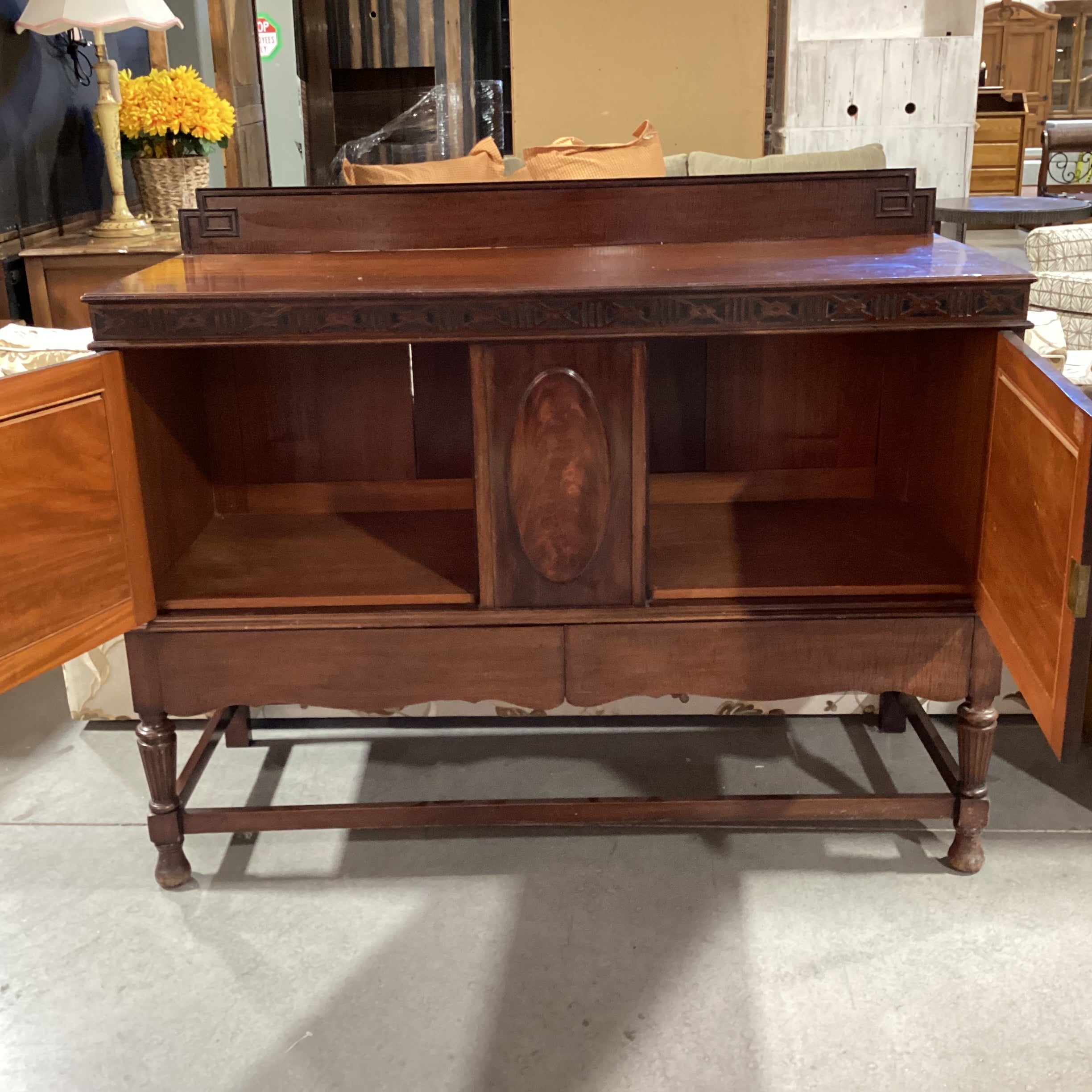 Antique Ribbon Mahogany with Ornate Molding Detail 2 Door Buffet Sideboard 53.5"x 21"x 42.5"