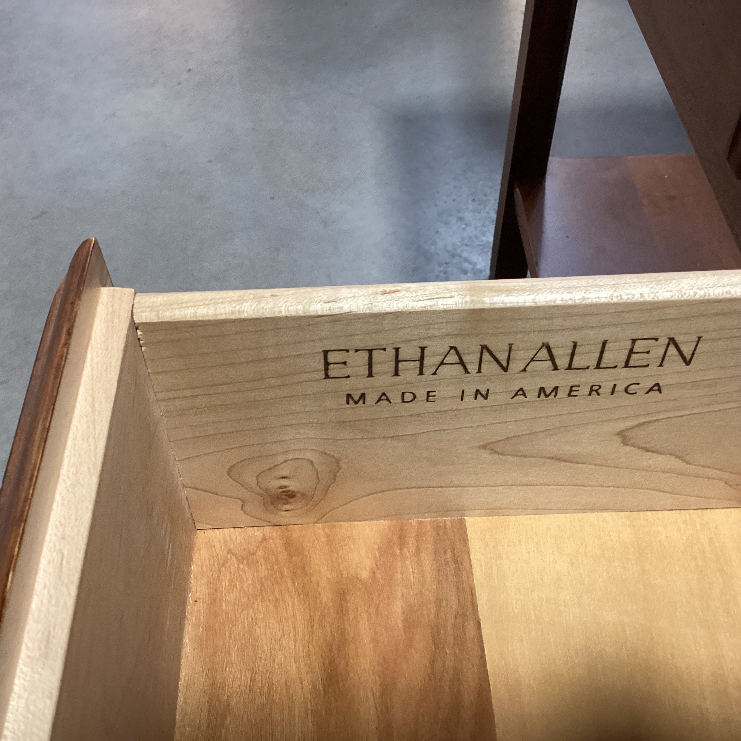 Ethan Allen Cherry Tone Finished Maple 2 Drawer with Bottom Shelf & Backsplash Sofa Table 54"x 17"