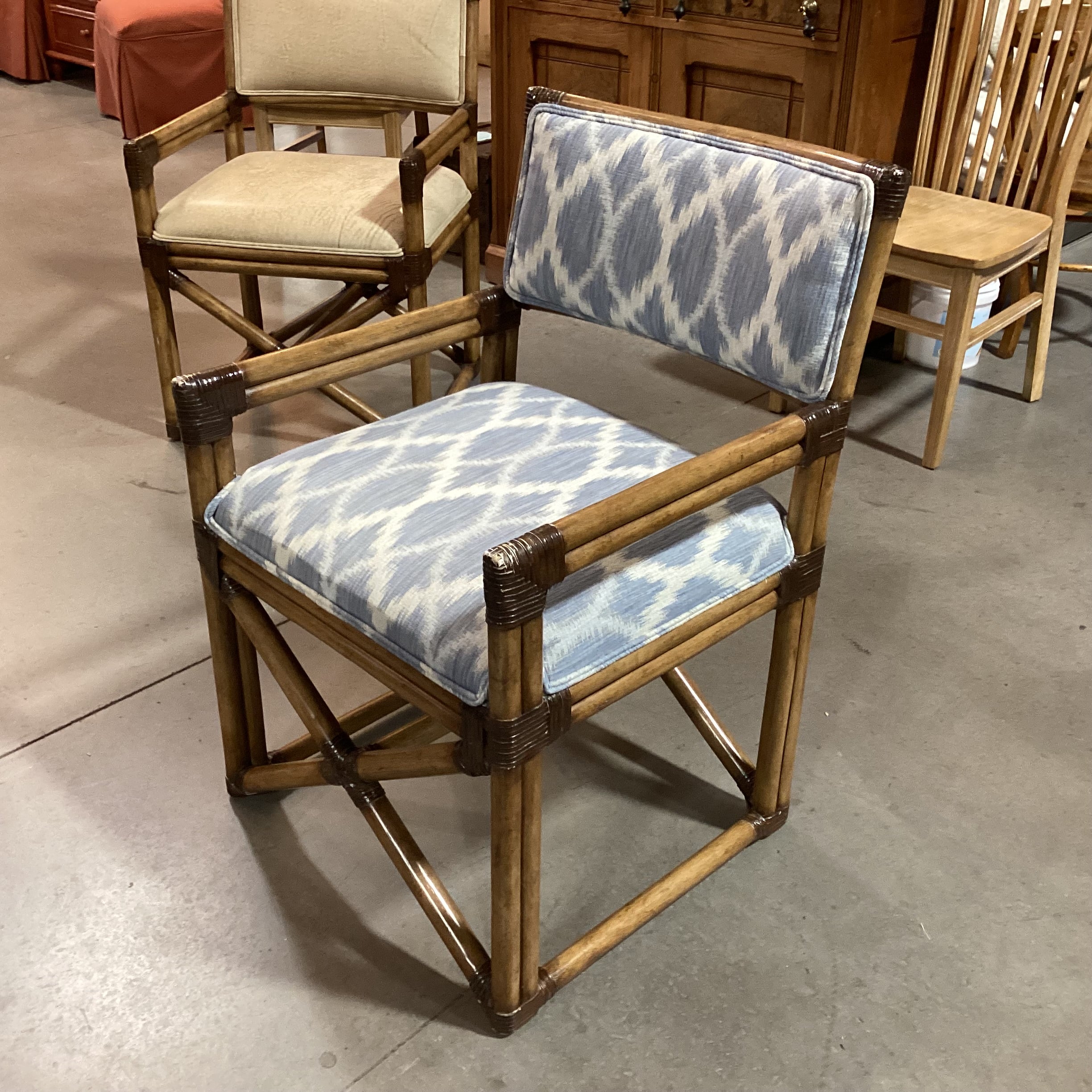 Vintage Bamboo Leather Strap Wrapped & Blue White Design Accent Chair 24"x 24"x 35"