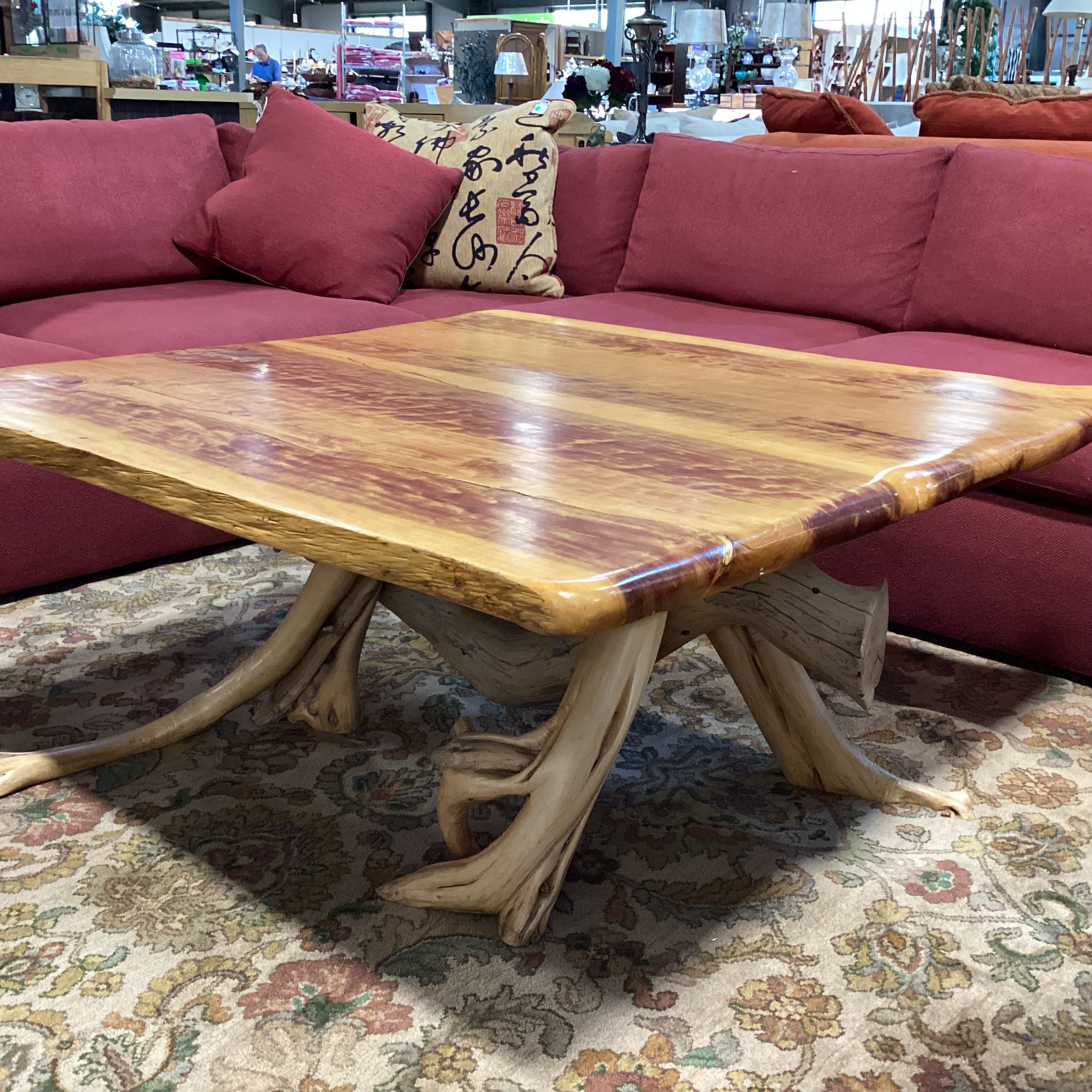 Hand Crafted Live Edge & Stump Trestle Coffee Table 44"x 44"x 20"
