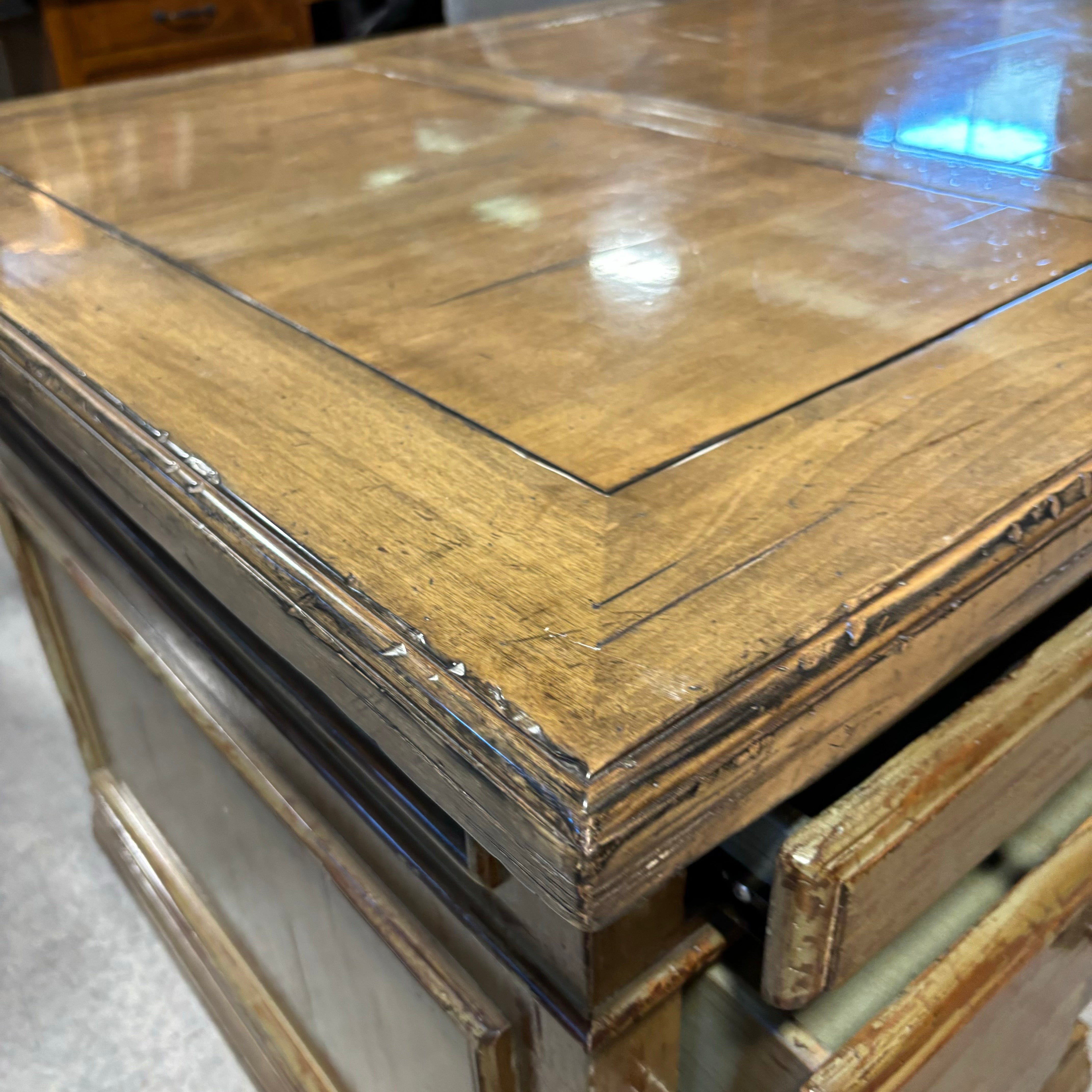 Antique Distressed Moss Finish 5 Drawer 1 Door with Dual Surface Pullouts Desk 74"x 41"x 30.5"