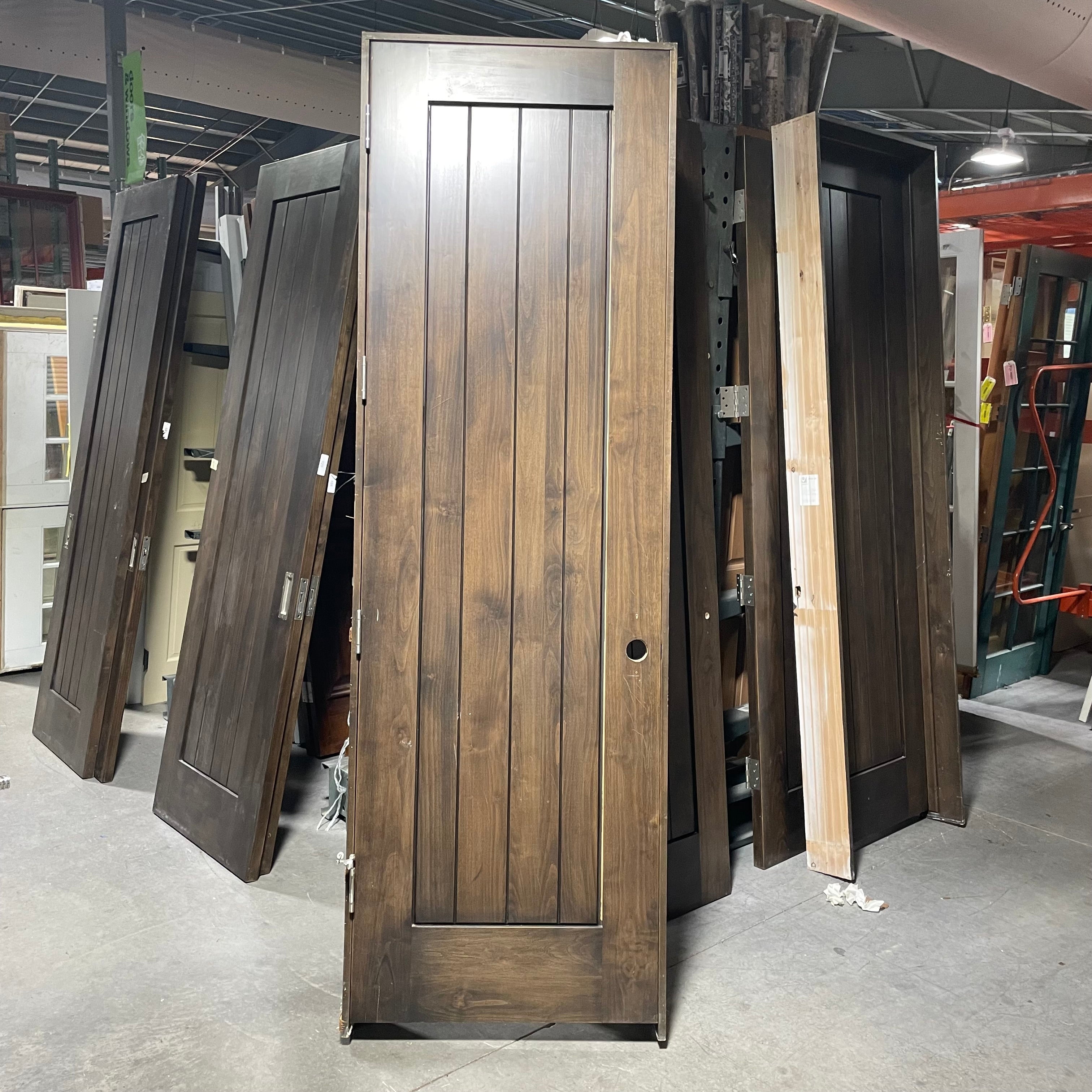 29.75"x 96"x 1.75" Rough Opening is 31.5"x 98.25"x 6.75" Brown Vertical Lined Walnut Interior Door with Jamb