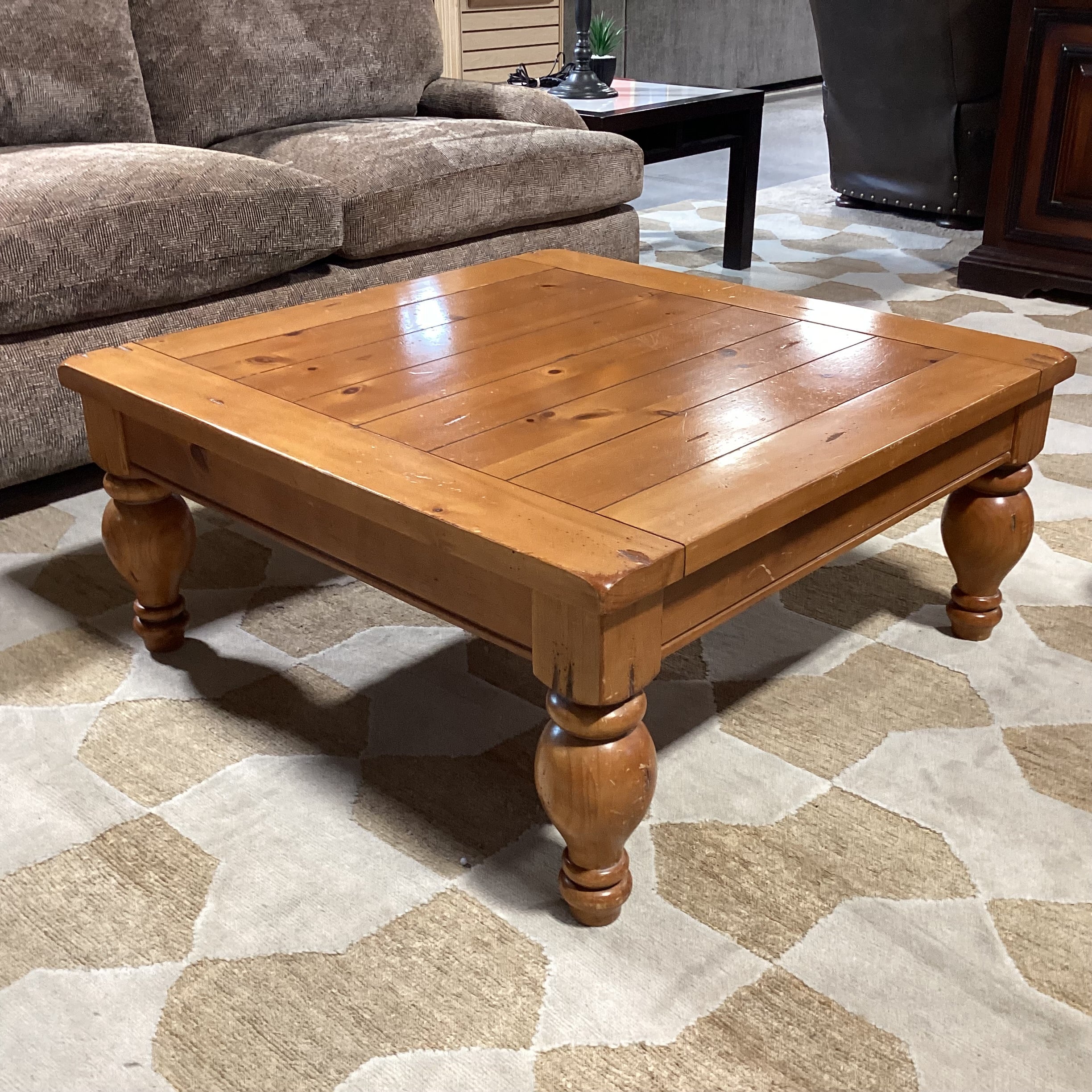 Finished Carved & Plank Pine Coffee Table 38"x 38"x 17"