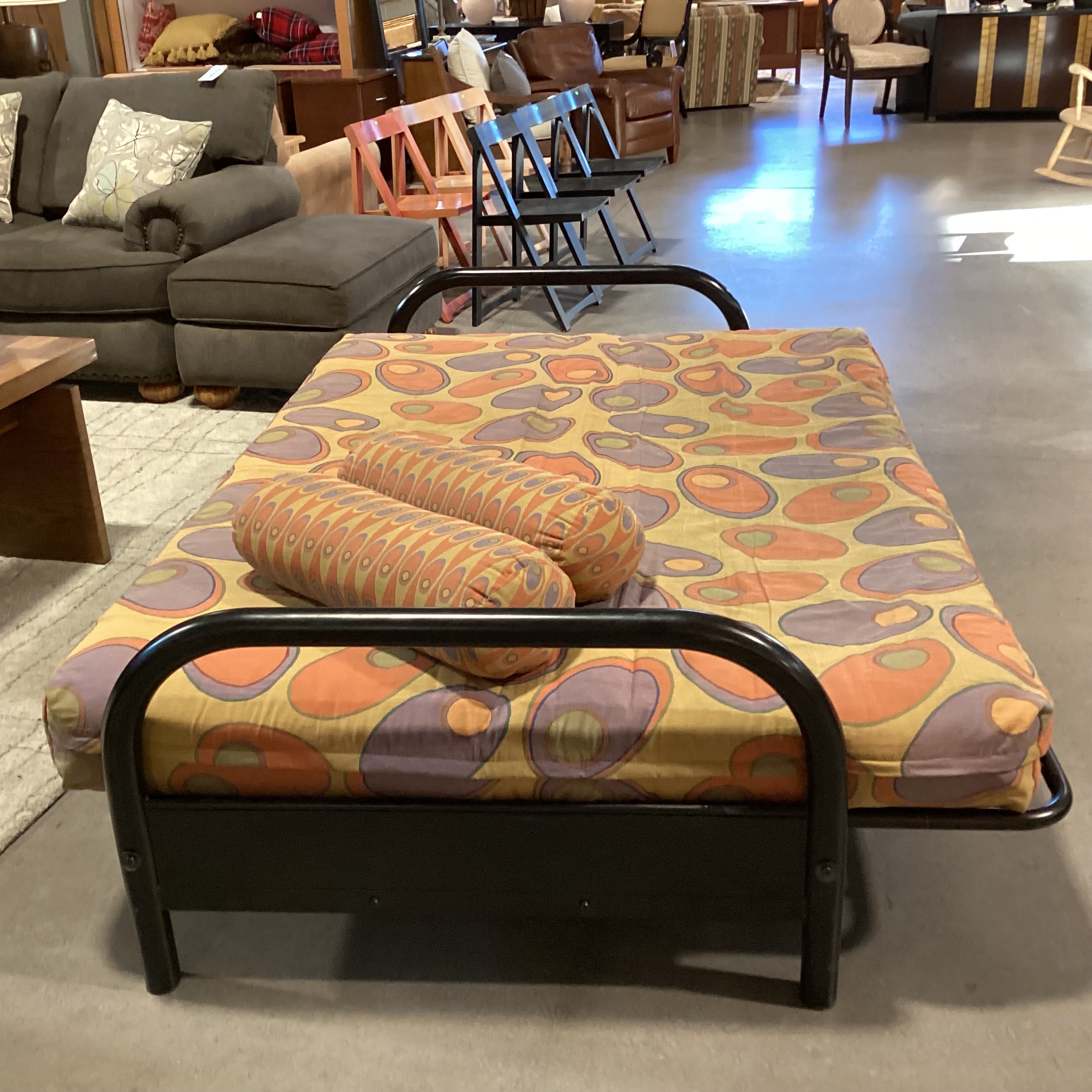 Gold Orange & Purple Circle Design Cushion & Black Metal Futon Sofa 79"x 44" to 56"x 38"