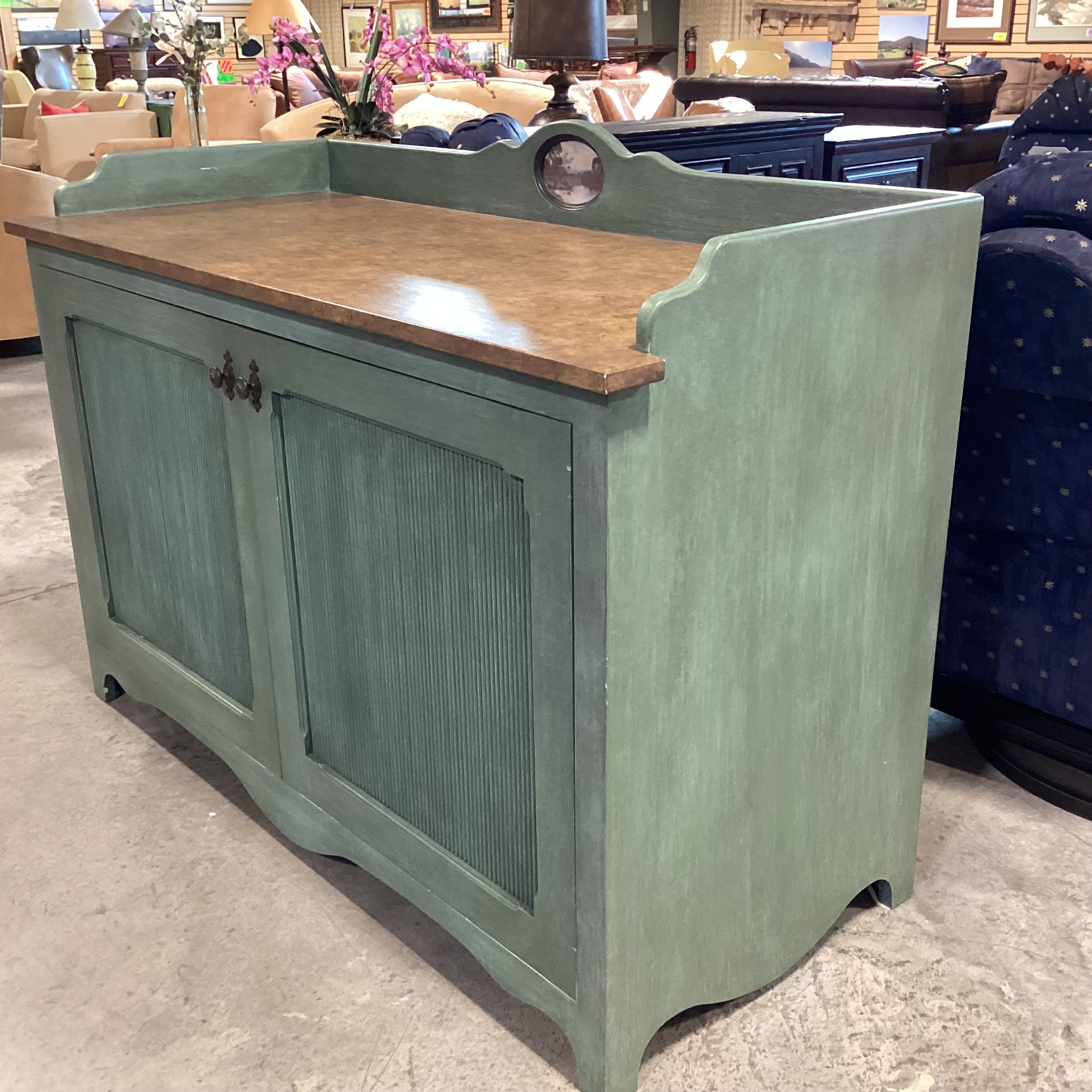 Hand Crafted Green Finished Wood with Ribbed Doors Backsplash Detail & Shelves Buffet Sideboard 59.9"x 26"x 43"