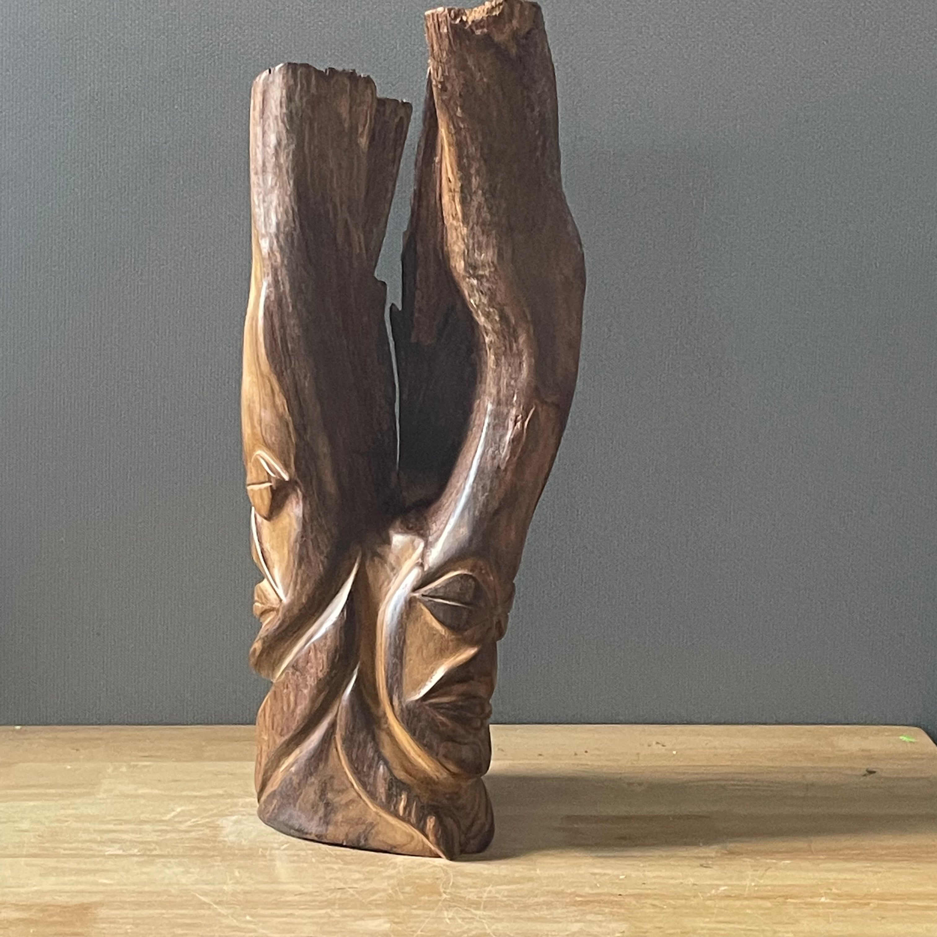 Vintage Polynesian Hand Carved Hardwood with Natural Live Edge Faces Sculpture, 8"x 6"x 17"