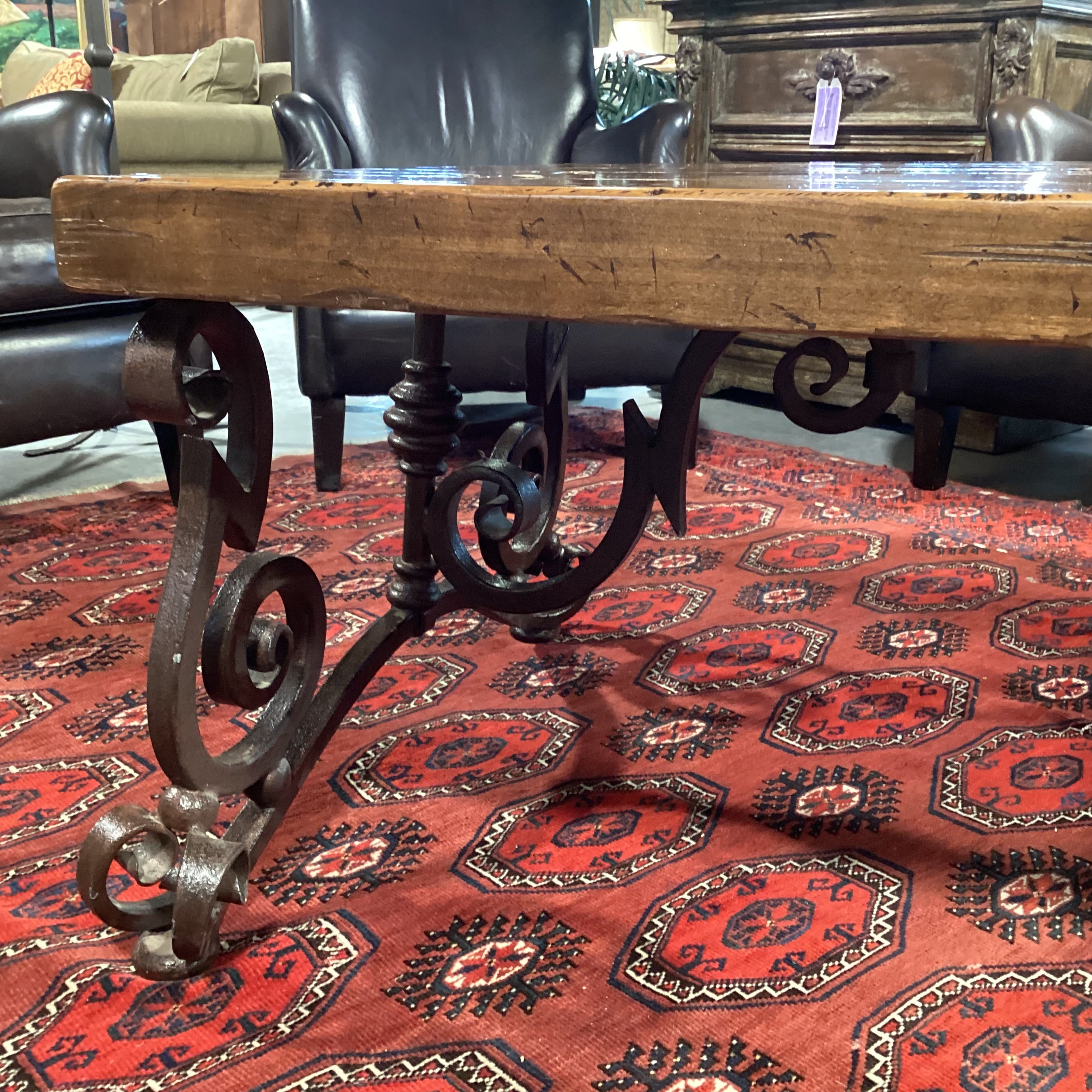 Rustic Distressed Solid Plank & Ornate Iron Coffee Table 54"x 32"x 21.5"