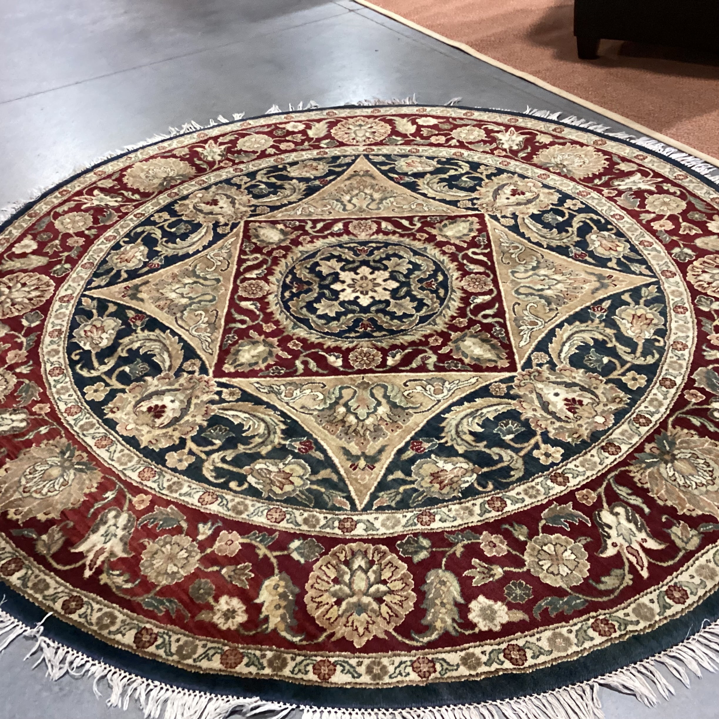 Red Blue Gold Round Hand Woven Wool Rug 8'3" Diameter
