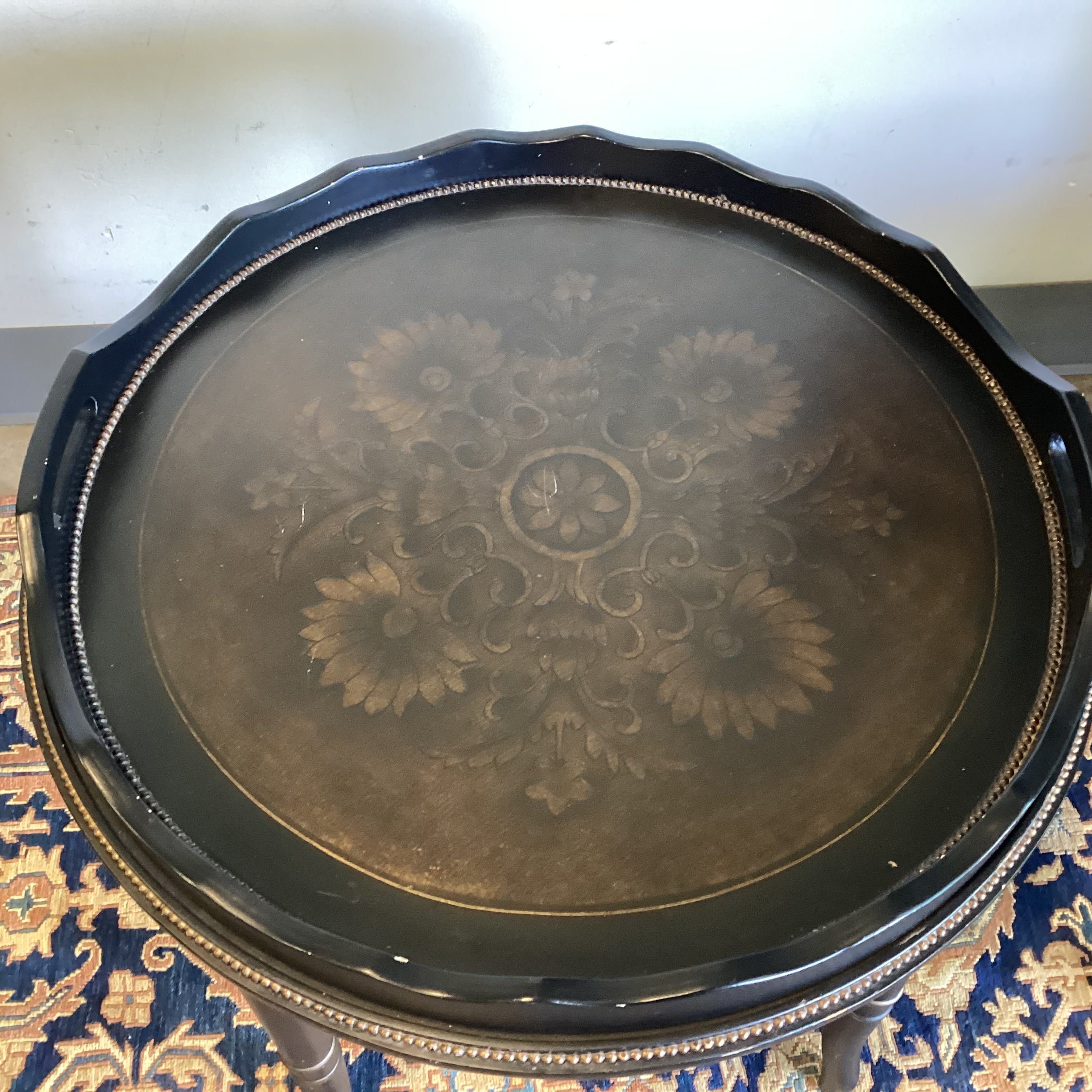 Black Distressed Wood with Ornate Trestle & Metal Beading Detail Round Tray Top Accent Table 26" Diameter x 26.5"