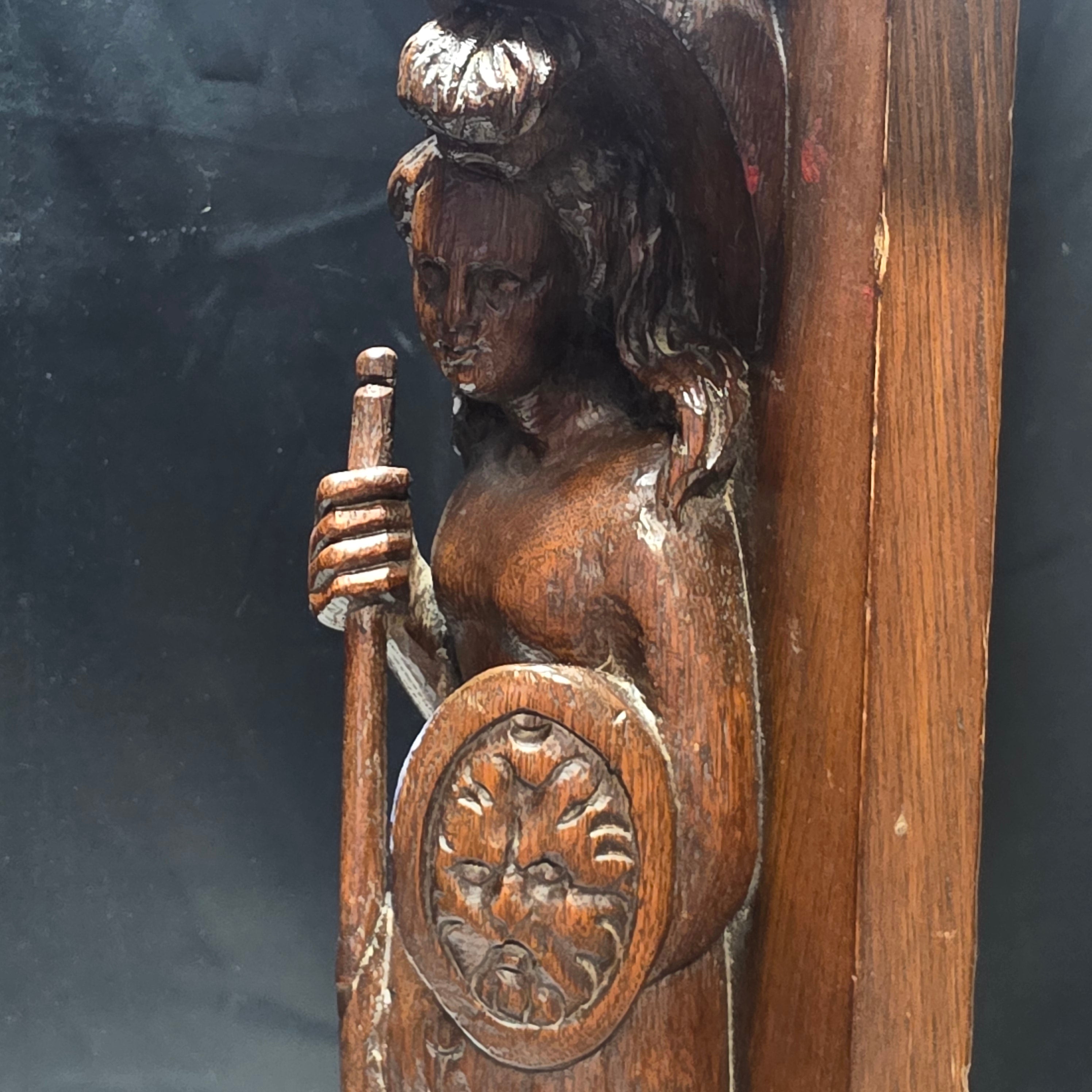 60's - 70's Walnut Wood Medieval Revival Hand Carved Table Lamp 17.5" D x 34.5"