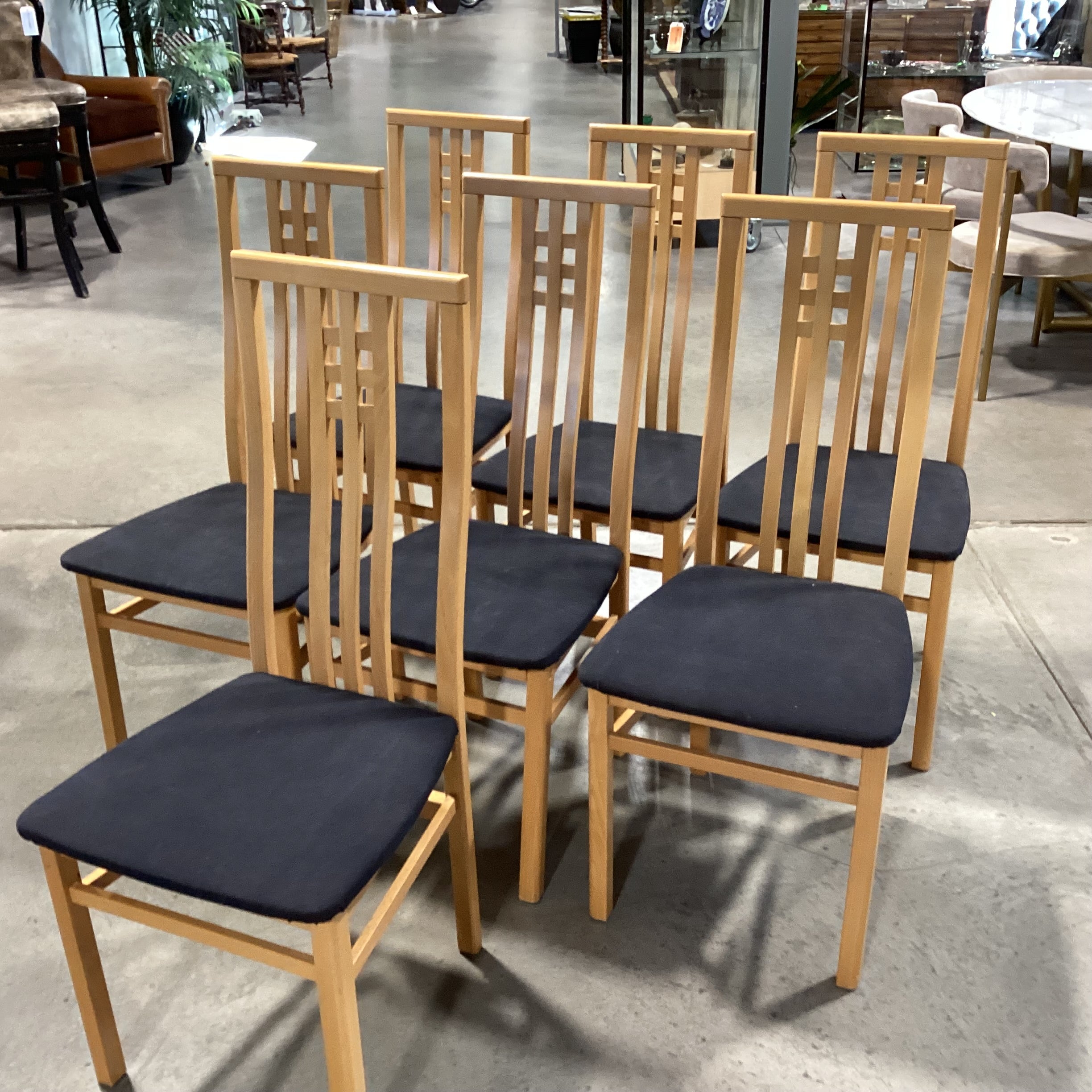SET of 7 IMS SRL Italian Mid Century Style Teak with Black Seat Dining Chairs 18"x 20"x 42"