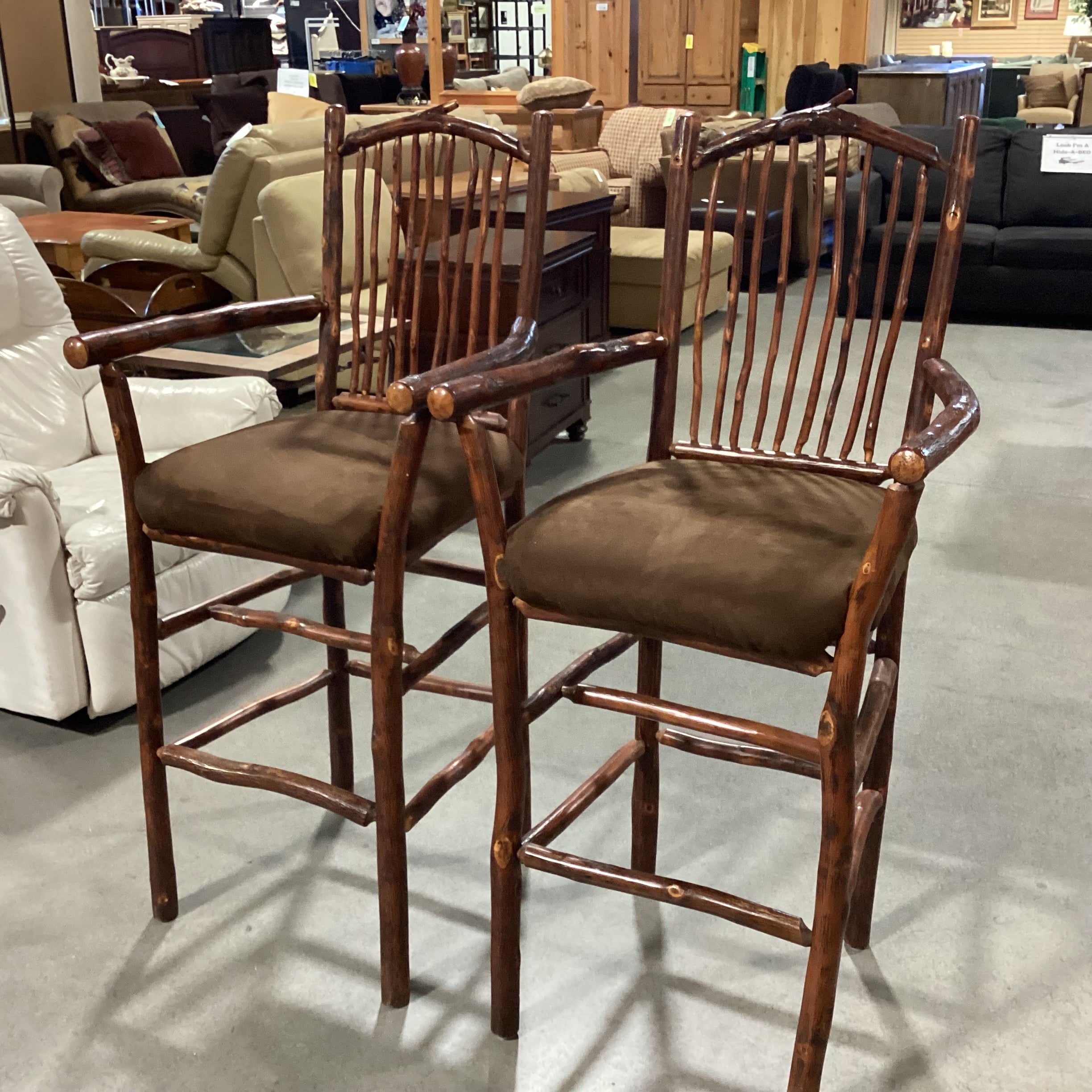 SET of 2 Flat Rock Furniture Hickory & Brown Ultra Suede Barstools 30"