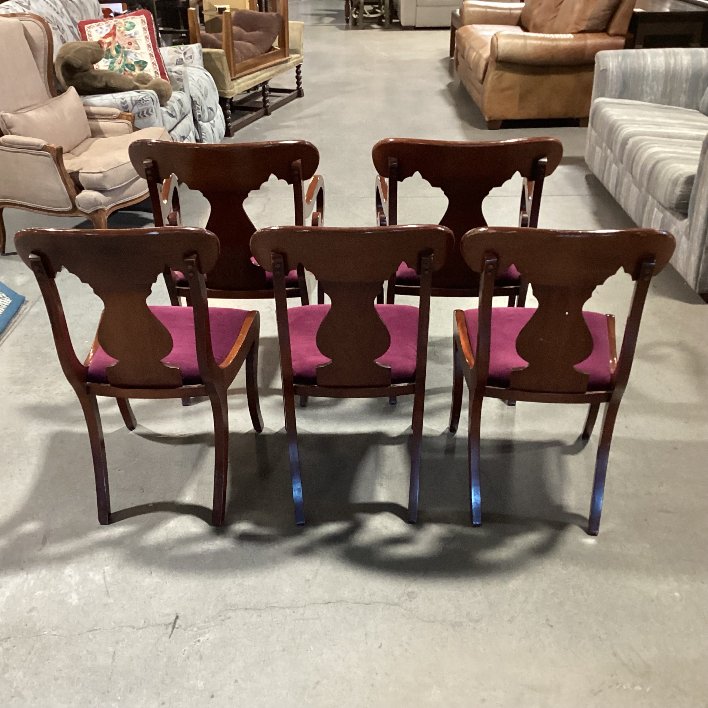 SET of 5 Vintage Scroll Arm & Eggplant Velvet Dining Chairs 21"x 21"x 36"