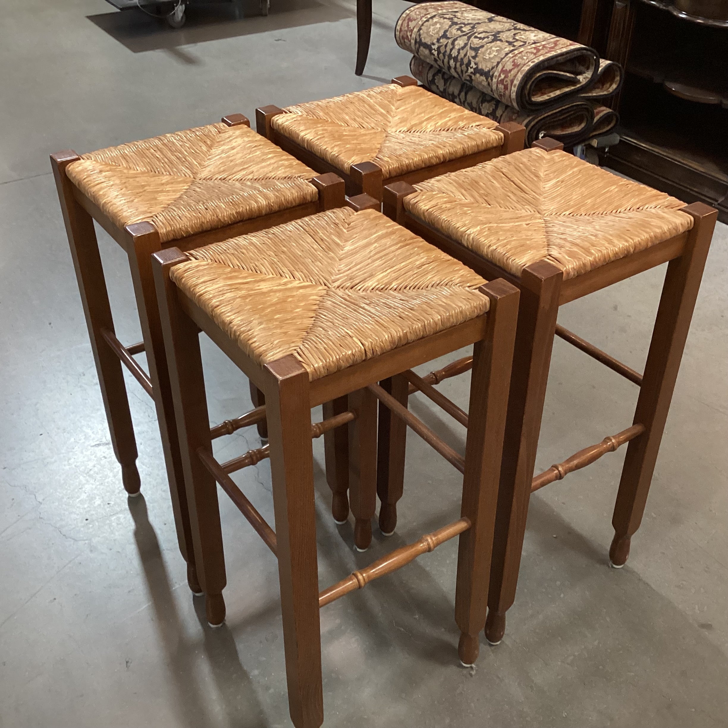 SET of 4 Carved Wood & Rush Seat Barstools 30"