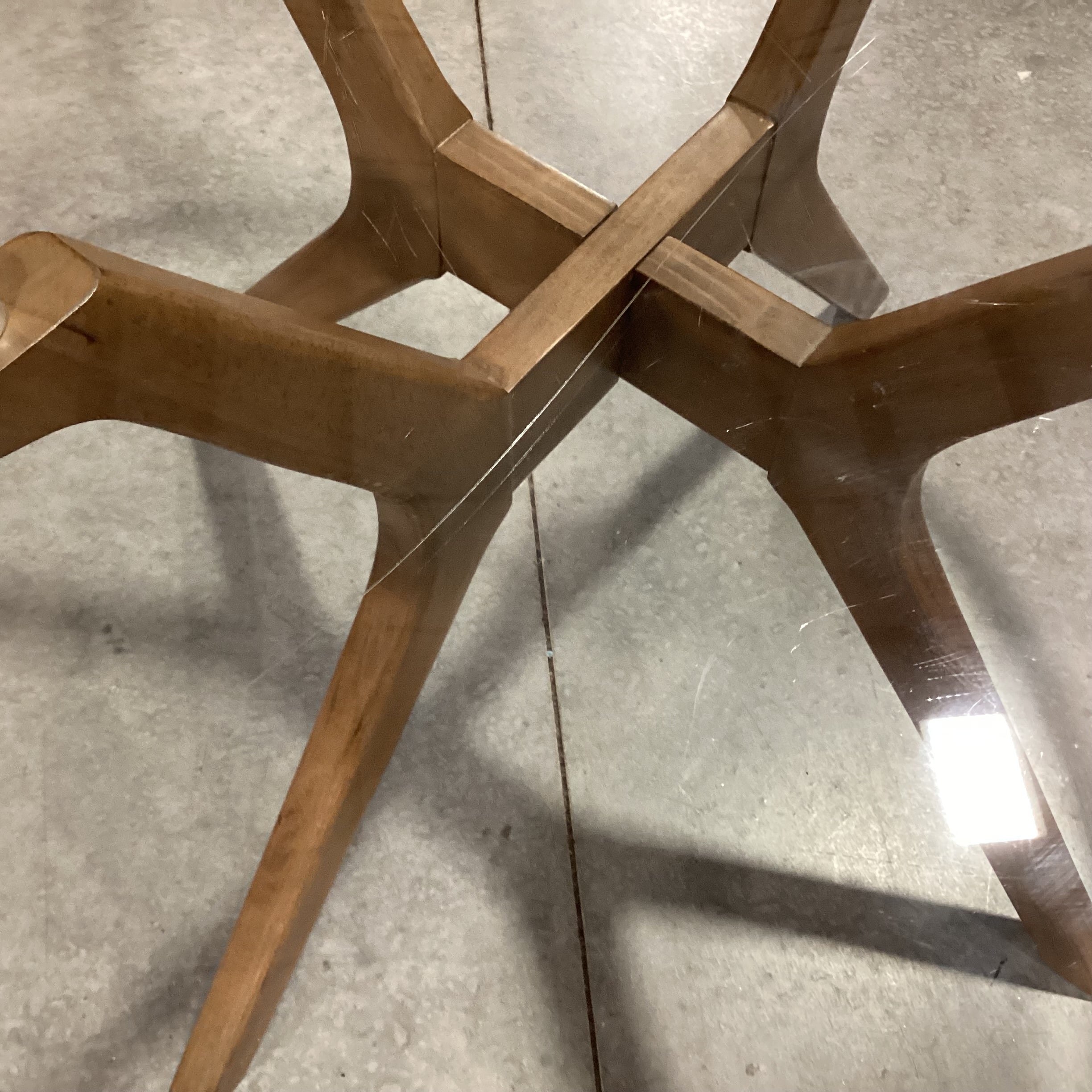 Mid Century Style Round Glass & Wood 4 Leg Pedestal Dining Table 48" Diameter x 30"