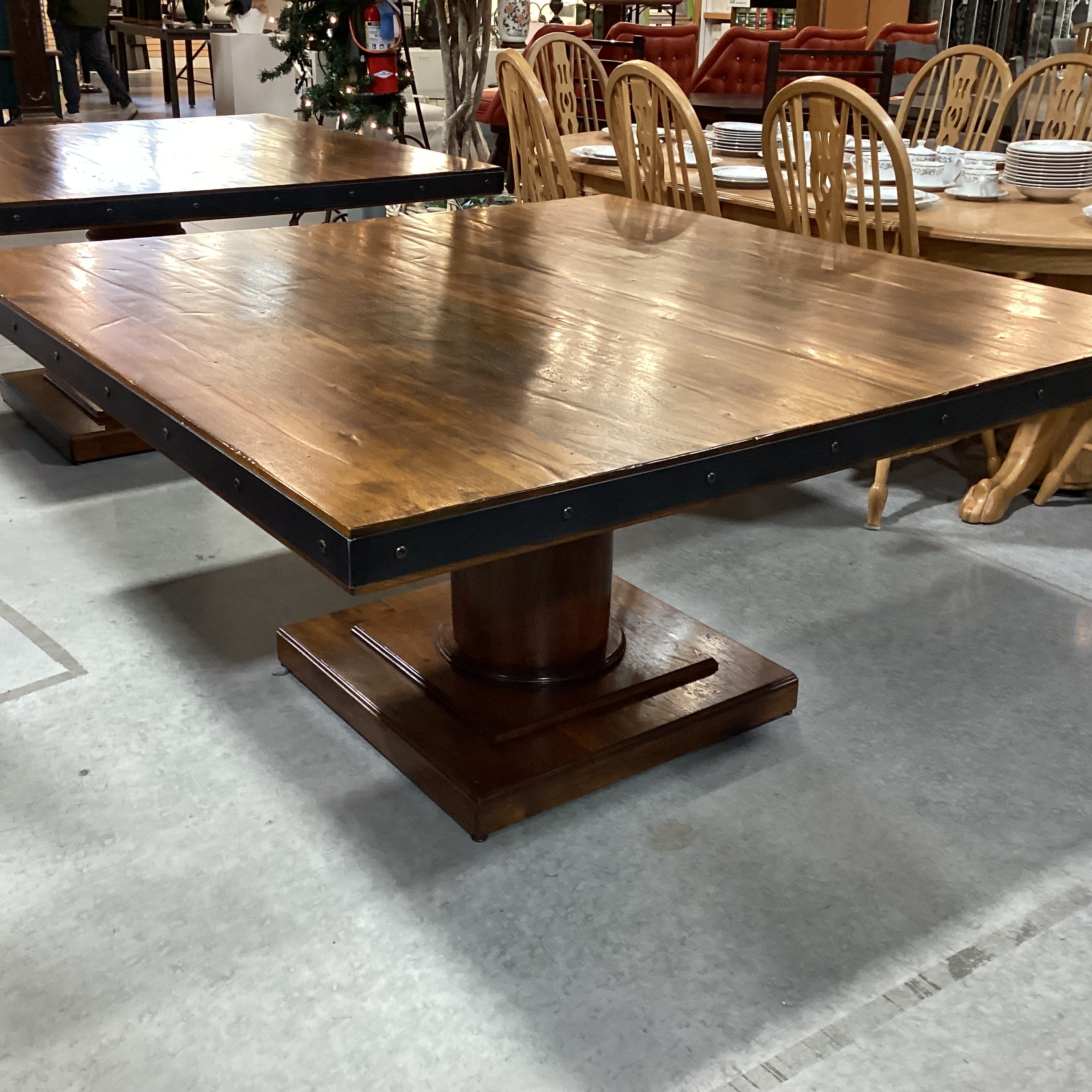 Custom Square Walnut with Pedestal & Iron Nailhead Edge Detail Dining Table 60"x 60"x 30.5"