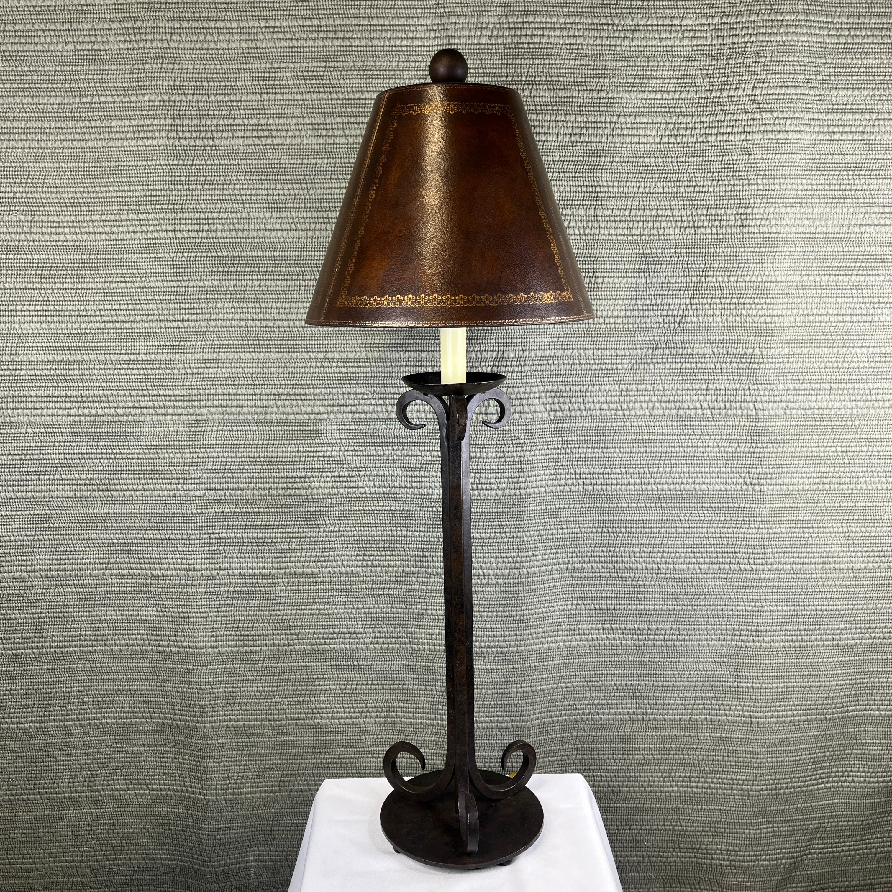 Natural Light Rustic Style Wrought Iron with Leather Shade Table Lamp 11” Diameter @ Shade x 31”