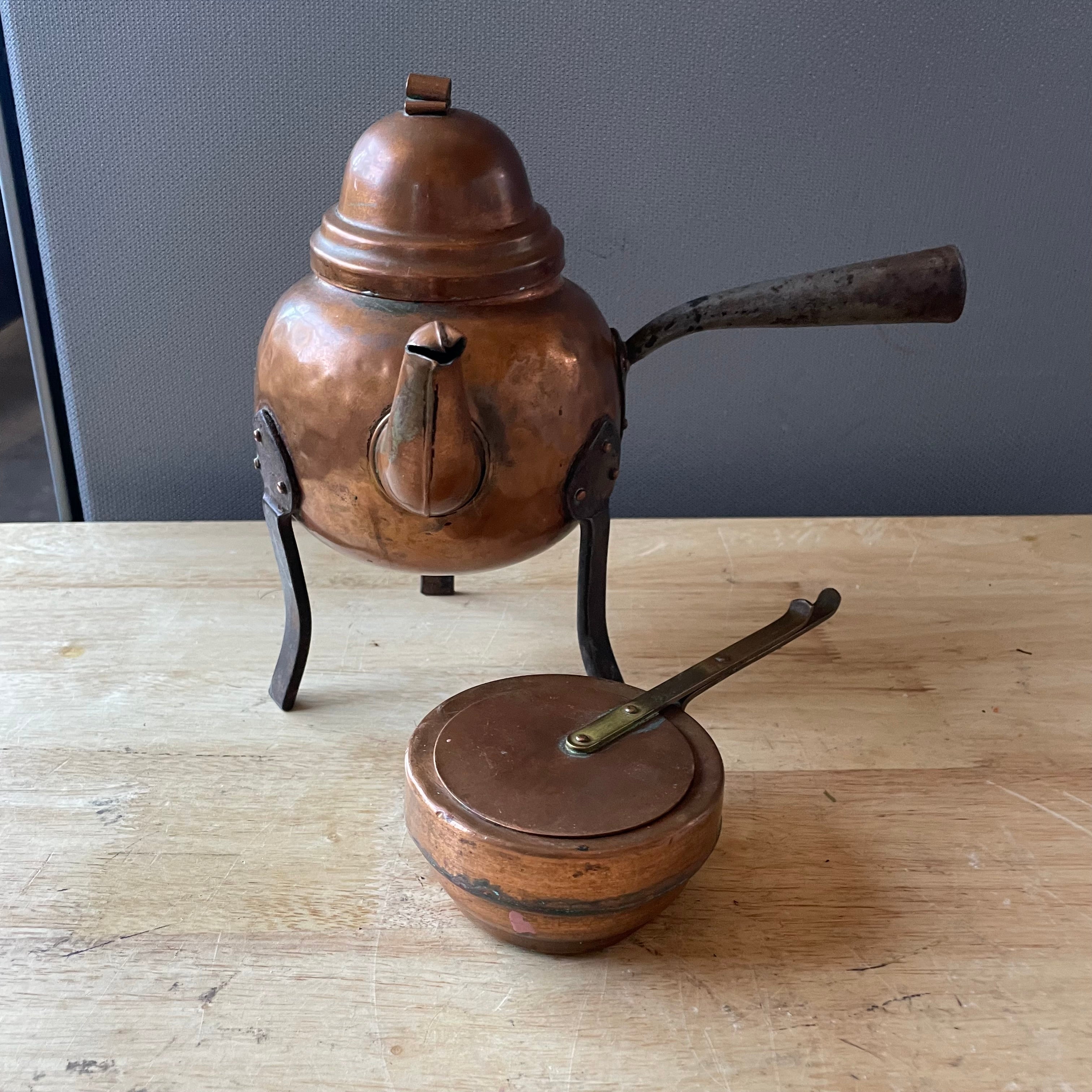 Antique Swedish Copper/Cast Iron Footed Tea Pot with Matching Copper Burner Base, 10"x 8"x 8.5"
