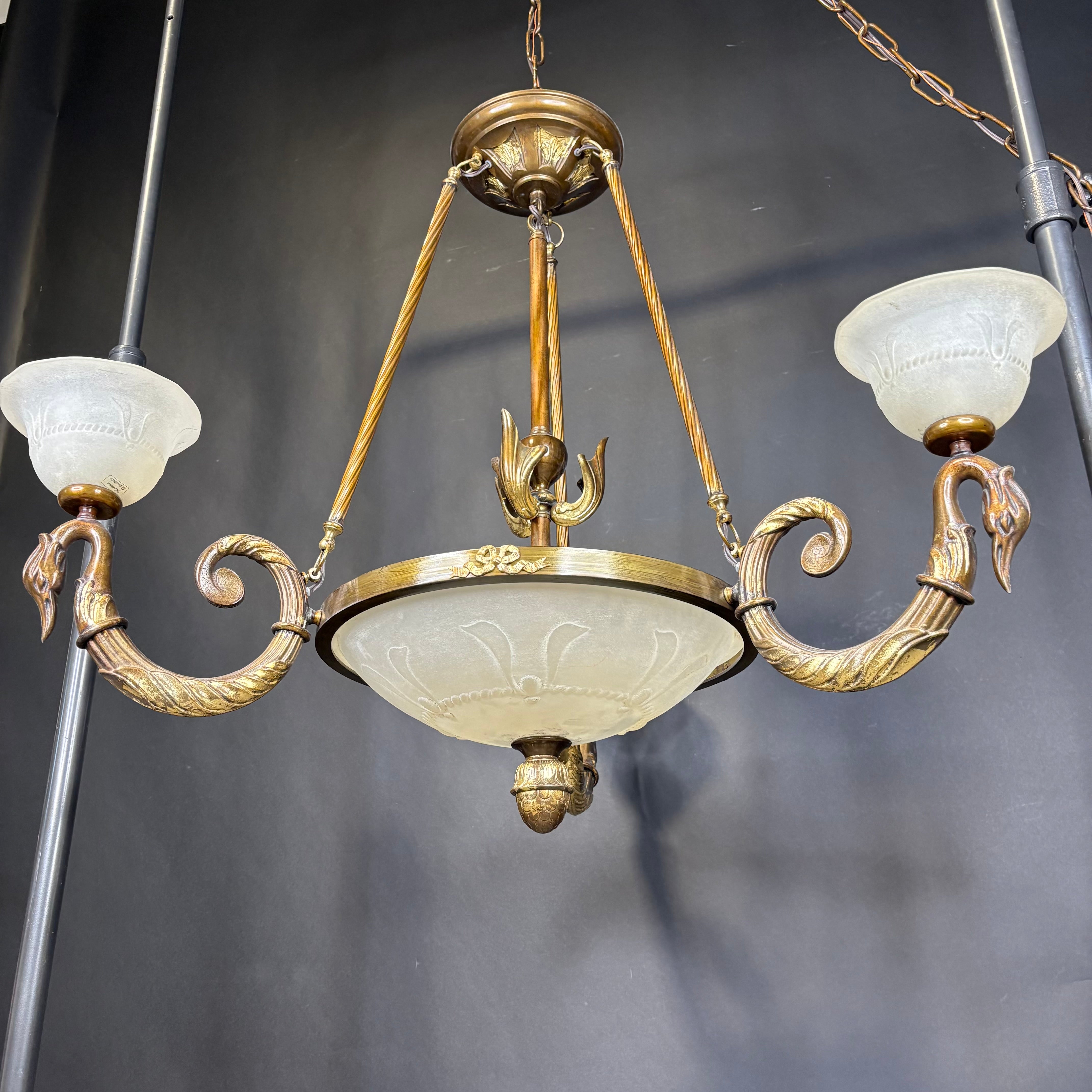 Hollywood Regency Style 6-Light Brass Geese and Glass Chandelier 36” Diameter x 36” -115”
