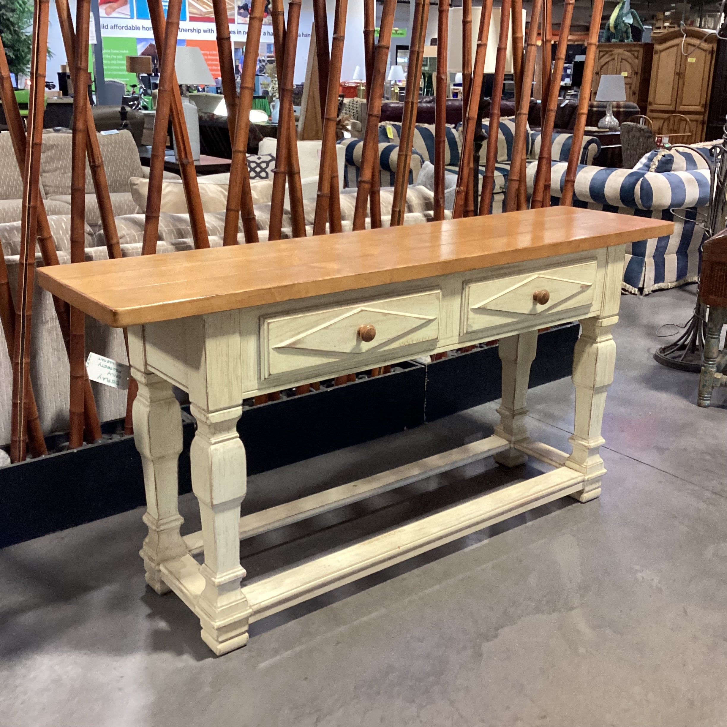 Drexel Cream & Finished Distressed Carved Wood 2 Drawer Sofa Table 72"x 18"x 55.5"