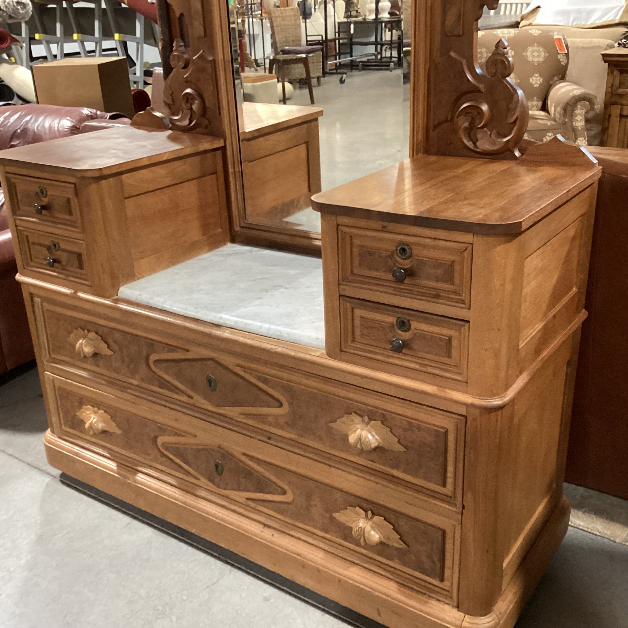 Antique Carved Wood with Mirror 4 Drawer & Marble Top Center Vanity Chest Dresser 52"x 20"x 87"