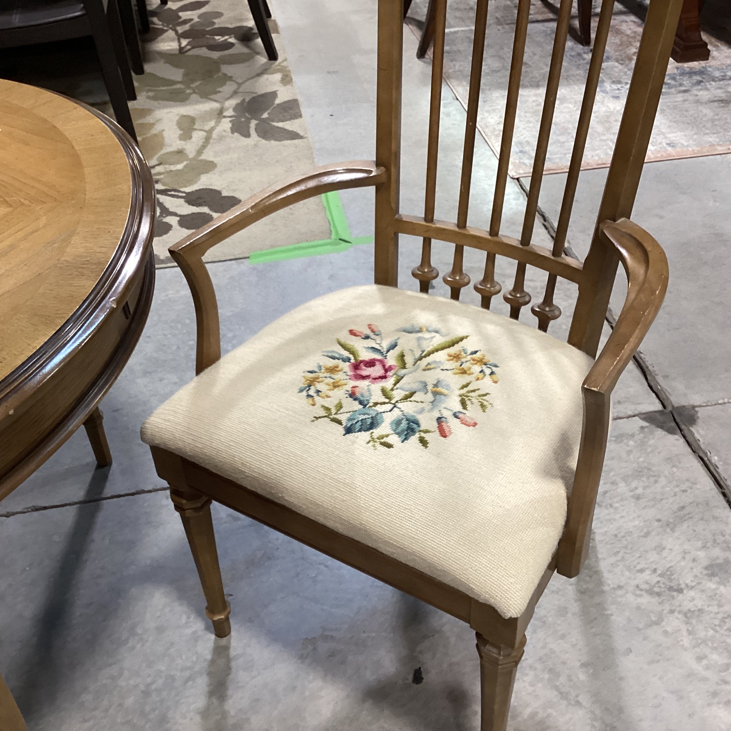 Vintage Drexel Carved Wood & Veneer 3 Leaf Table with 6 Needlepoint Chairs Dining Set 64" to 100"x 44"x 29.5"