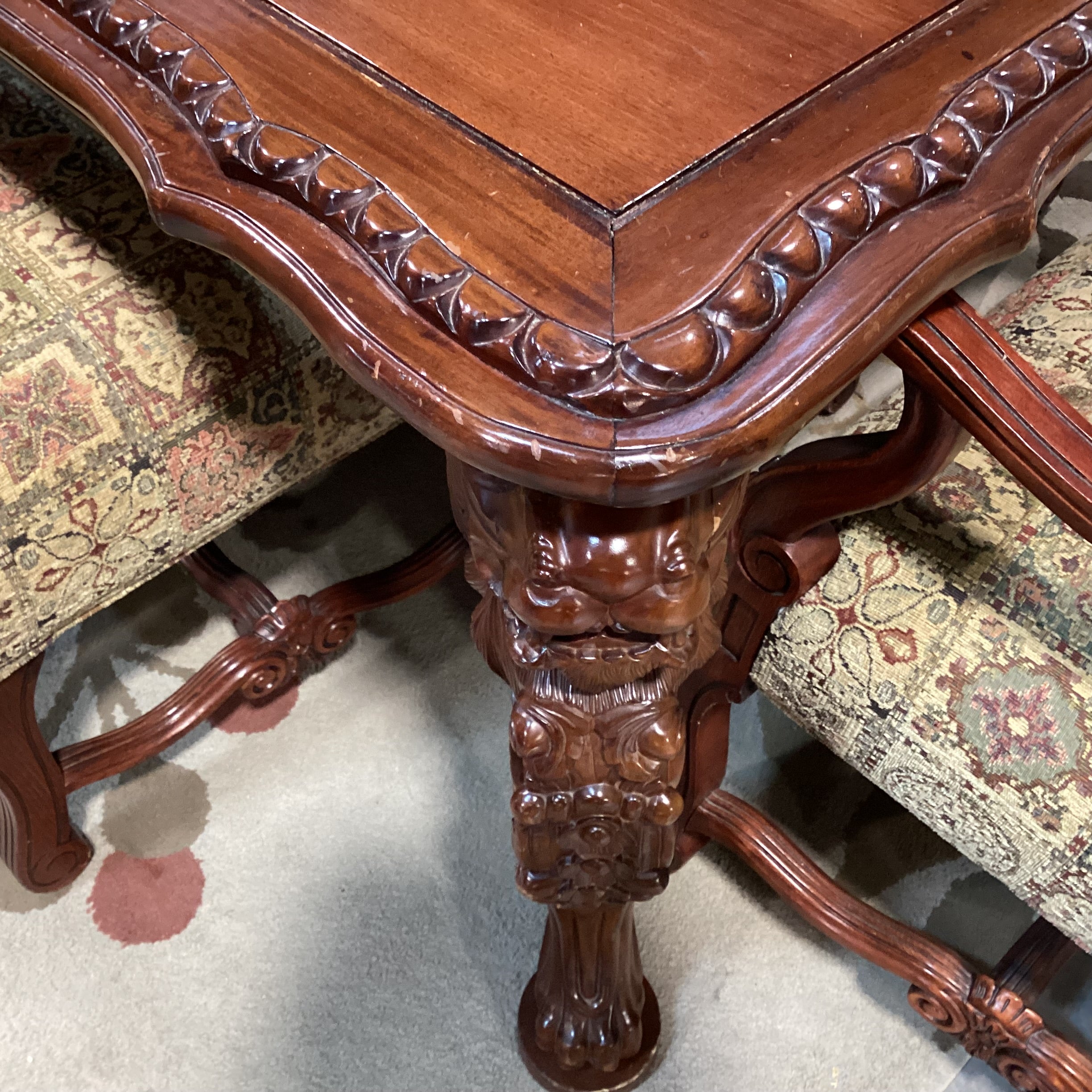 White Rose Ornate Carved Lionshead 2 Leaves Table with 8 Chairs Dining Set 102" to 138"x 48"x 31.5"