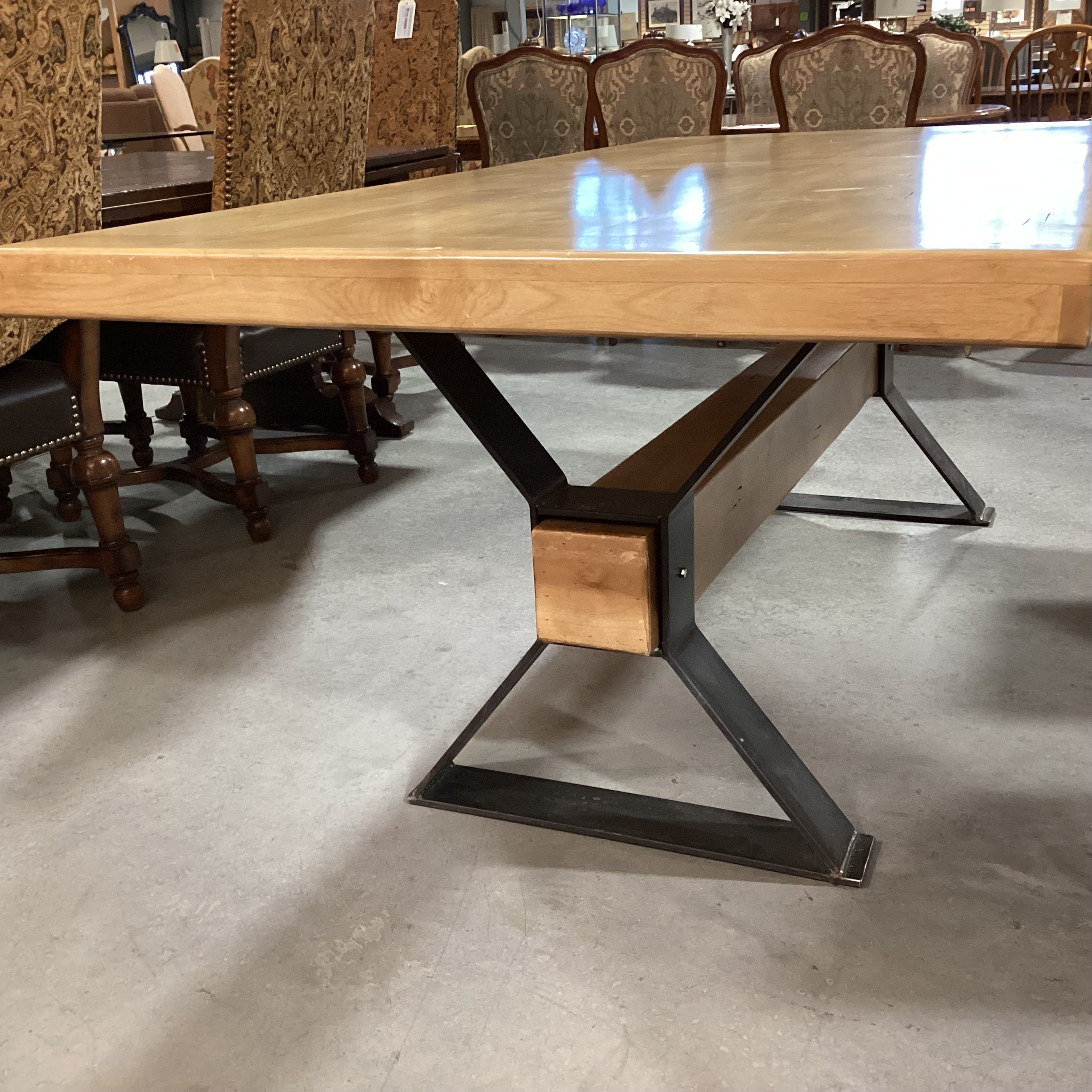 Mountain Modern Light Distressed Finish Wood & Steel with Beam Trestle Dining Table 84"x 42"x 31"