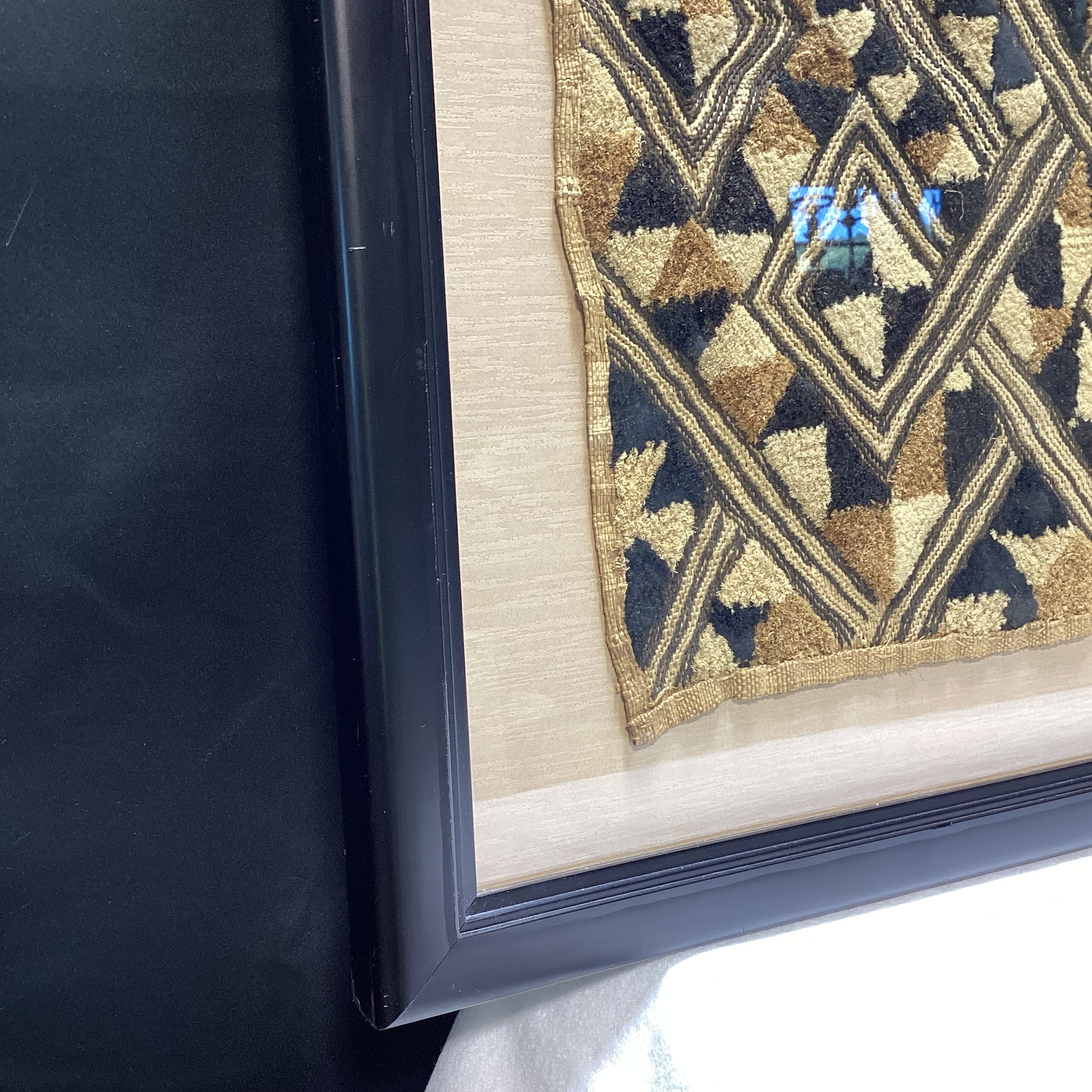 Vintage Kuba Shoowa Cloths In Black Frame 26.5" x 47.5"