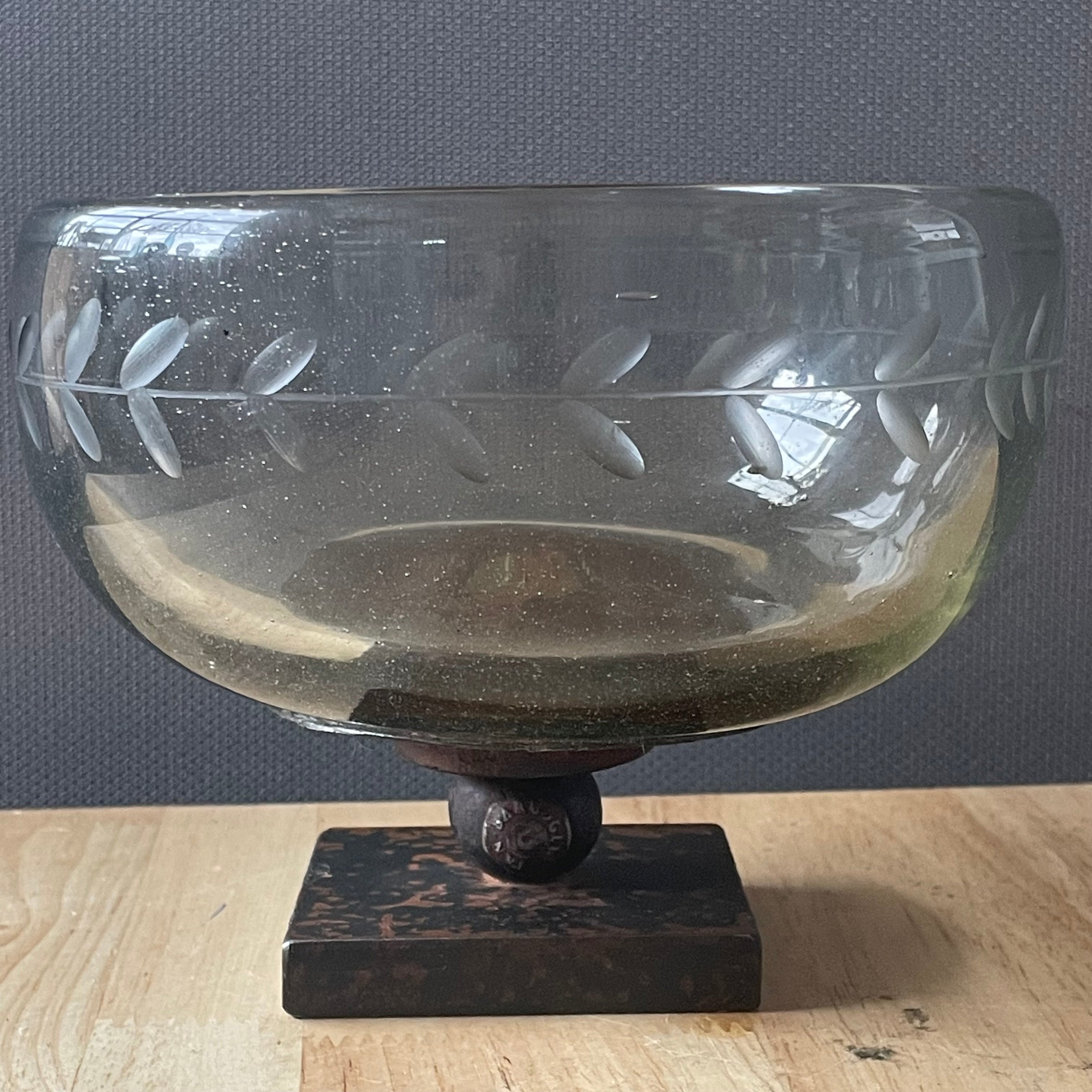 Jan Barboglio Iron Pedestal Etched Leaves,Blown Glass Chalice, 6.75"x 5"