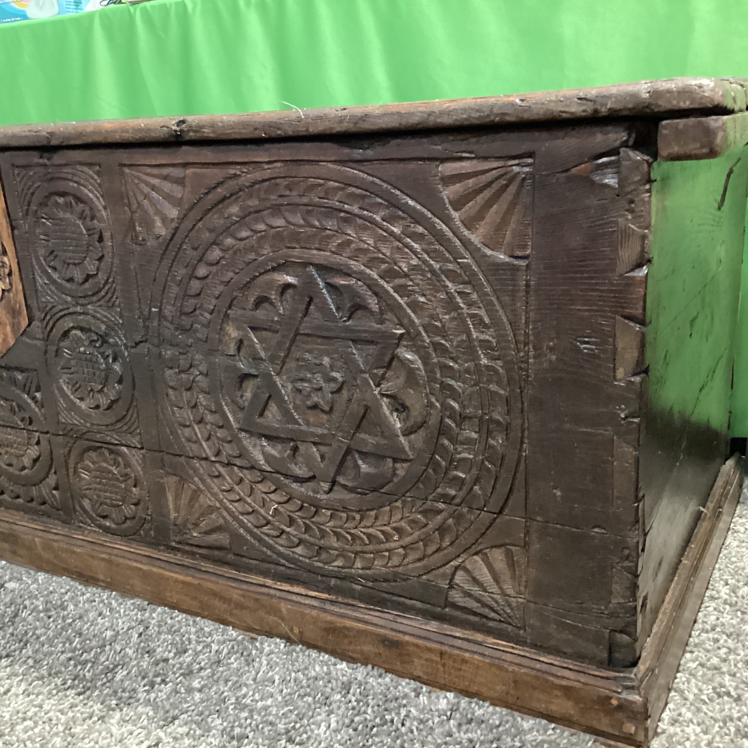 Antique 13th to 17th Century European Chip Carved Oak Hexagram & Geometric Rosettes Blanket Chest or Dowry Trunk 68"x 24"x 24"