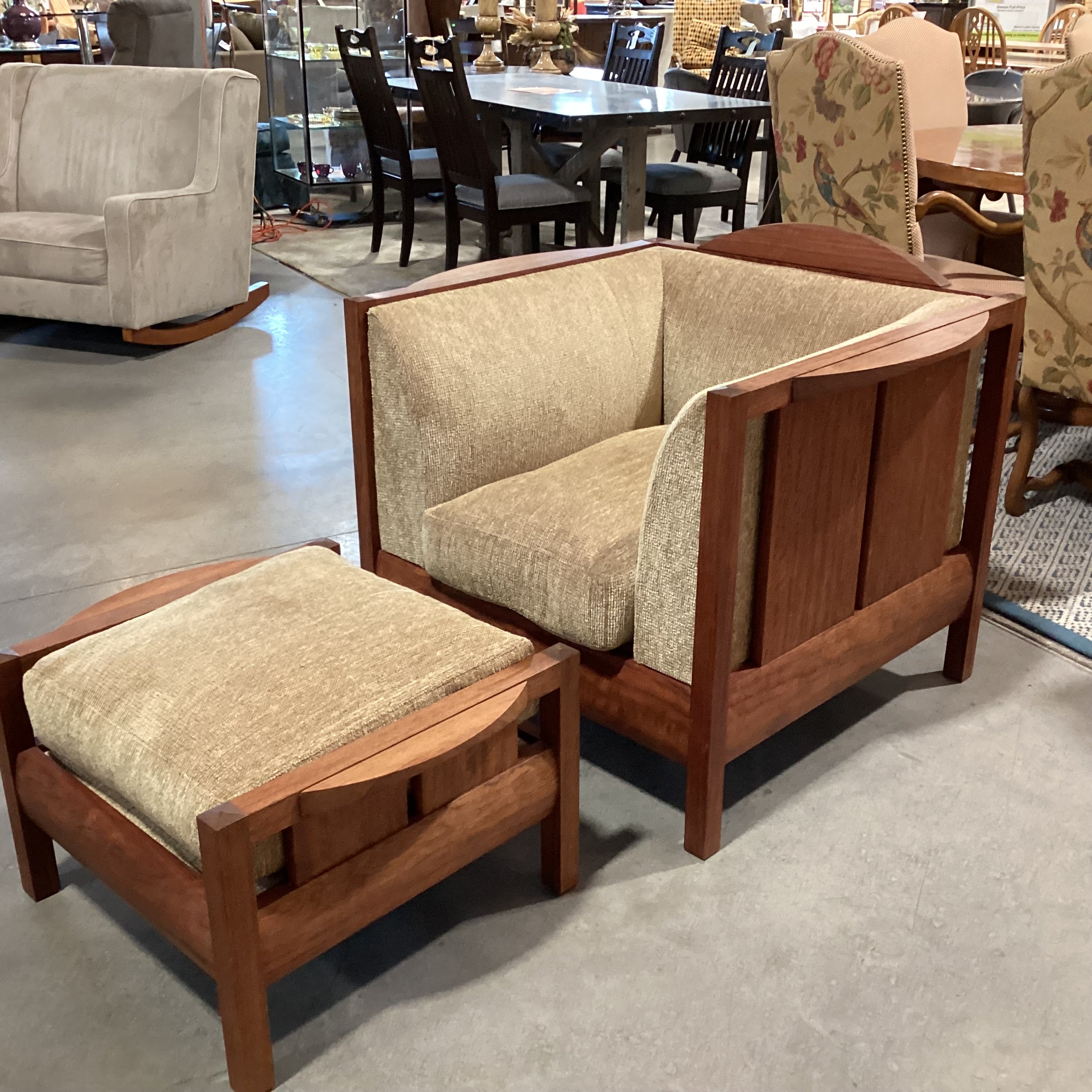 Arts & Crafts Mission Style Stickley Like Solid Cherry Woven Down Mix with Ottoman Chair 39.5"x 34"x 33"